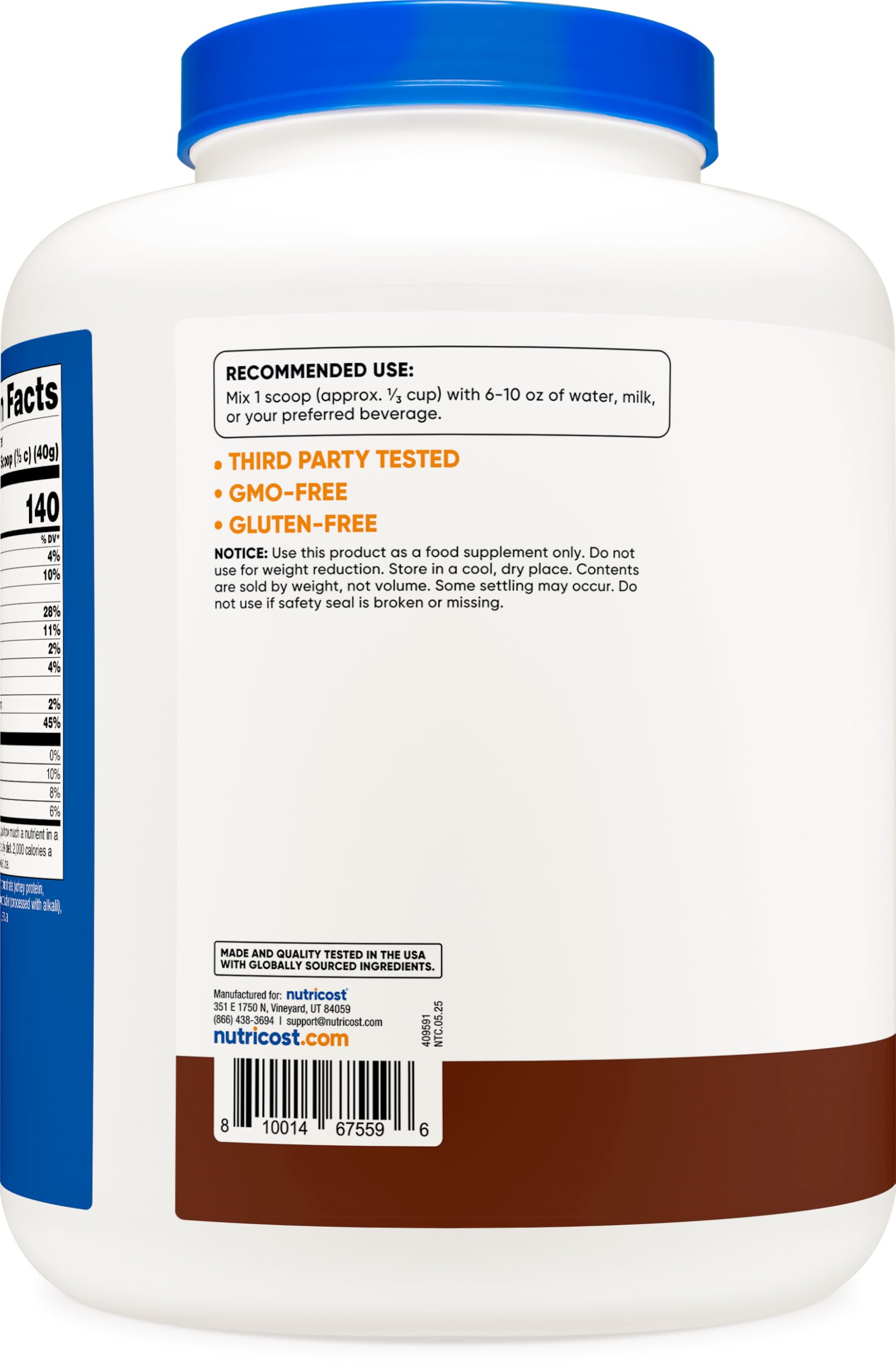 Nutricost Grass-Fed Whey Concentrate Chocolate powder jar highlights undenatured dairy protein