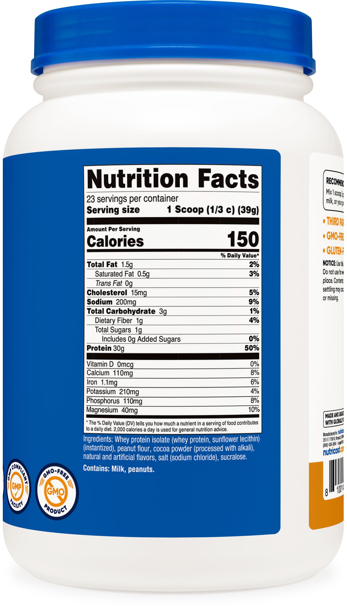 Nutricost Whey Protein Isolate nutrition panel with high protein content.