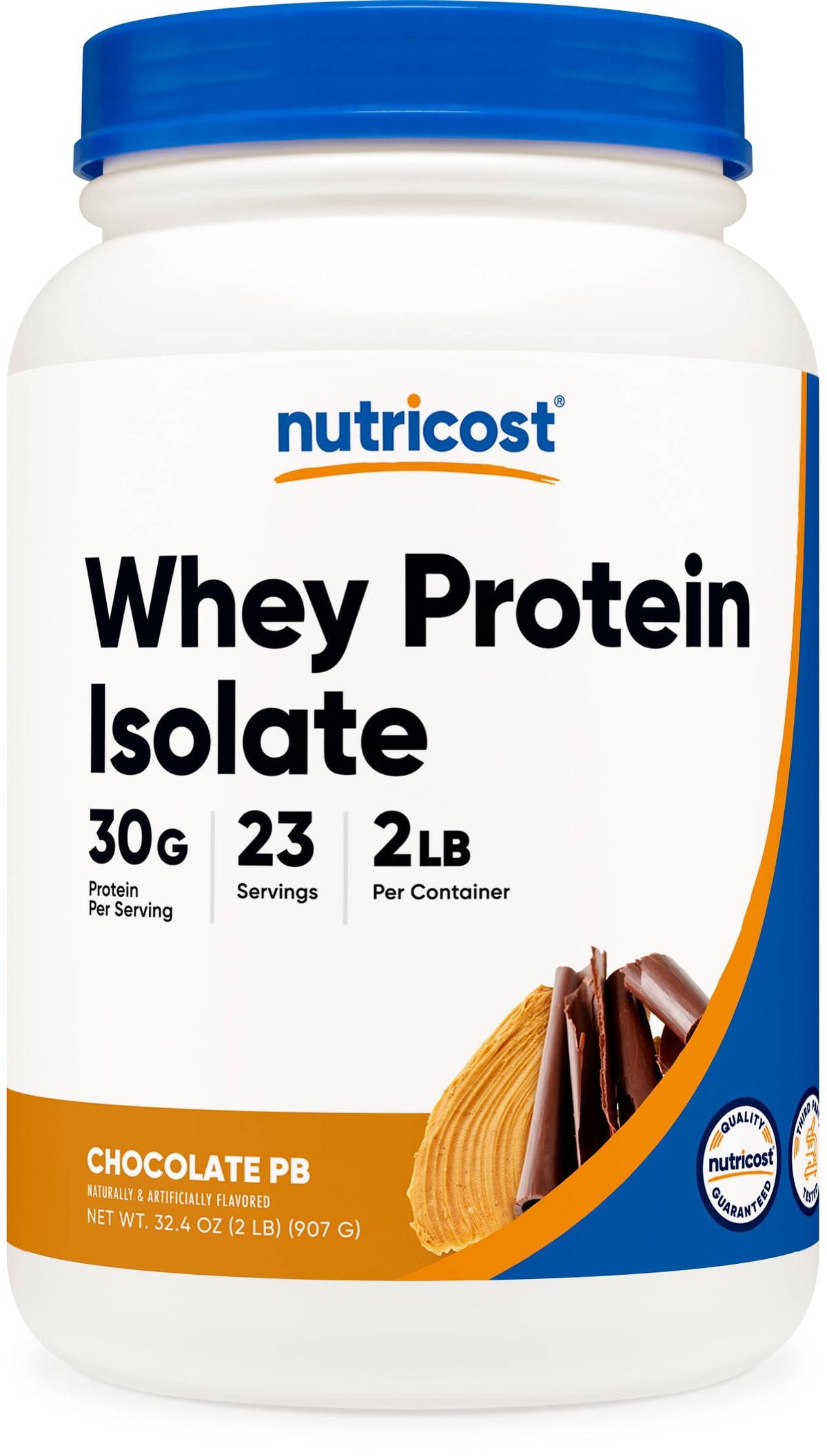 Nutricost Whey Protein Isolate tub displaying chocolate peanut butter flavor, ideal for daily protein.
