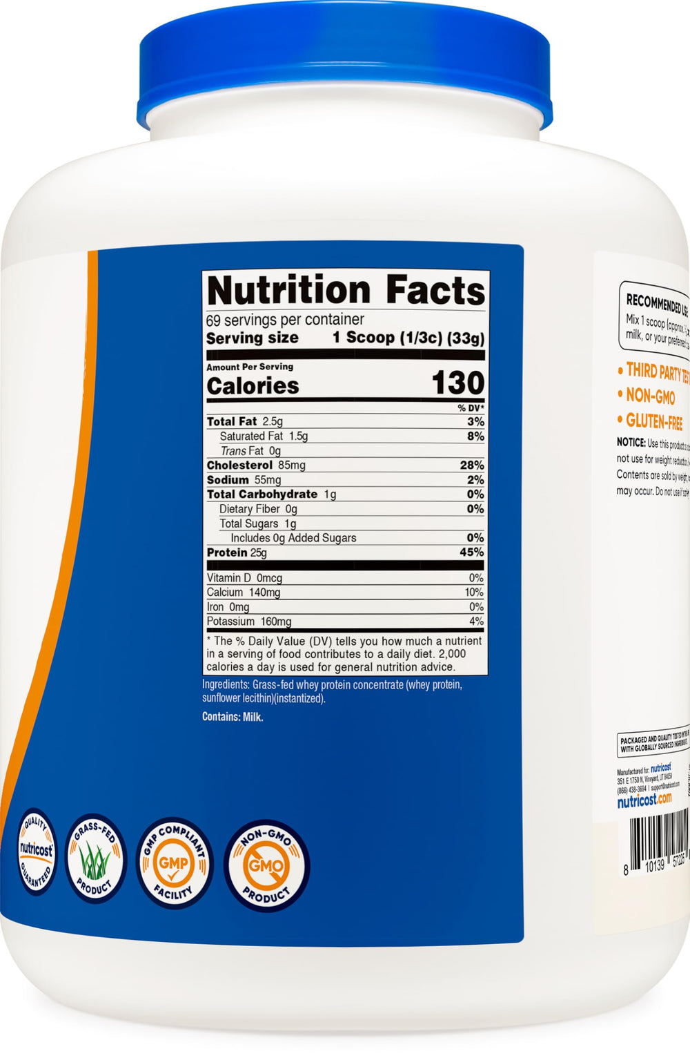 Nutricost whey powder closeup highlights smooth texture for quick mixing.
