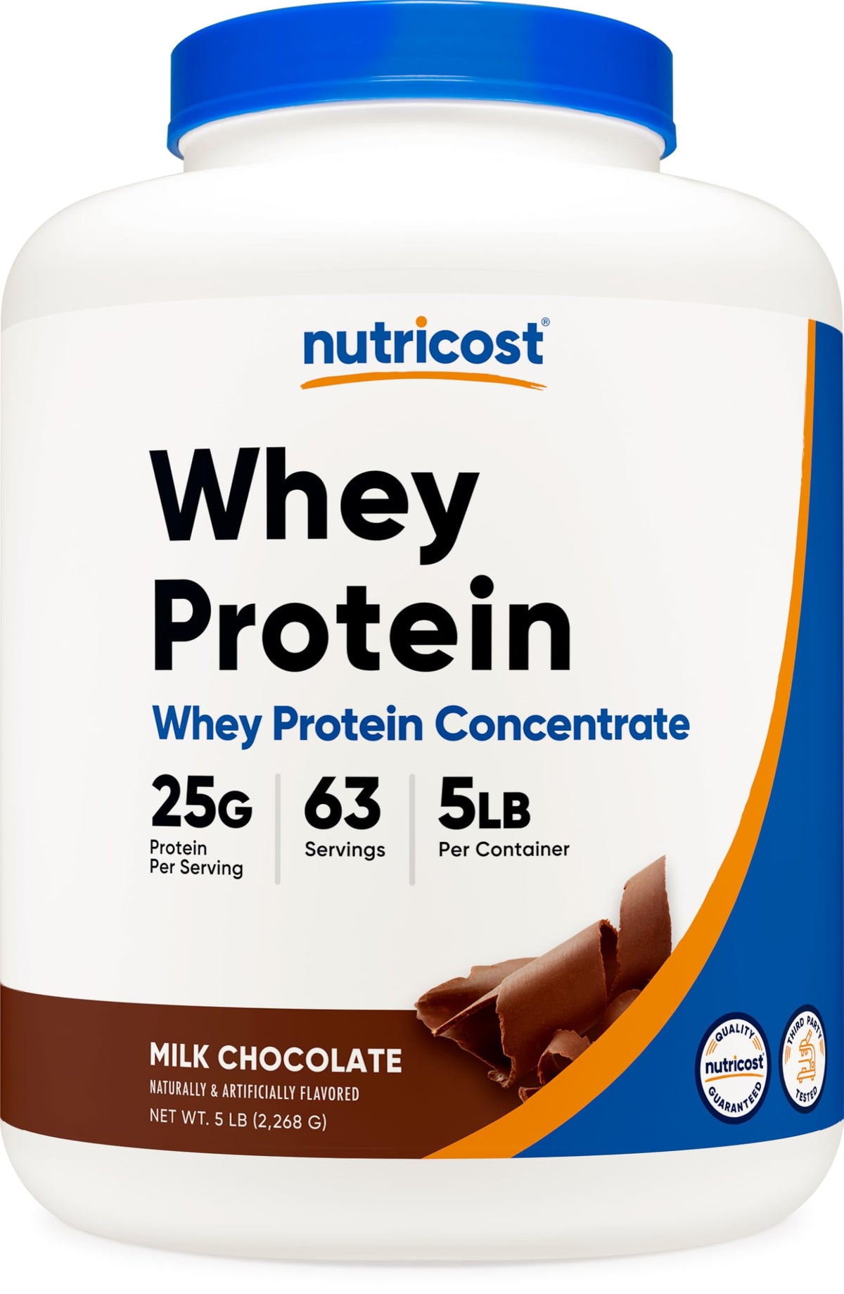 Nutricost whey protein concentrate chocolate bottle pouring into a shaker for post-workout
