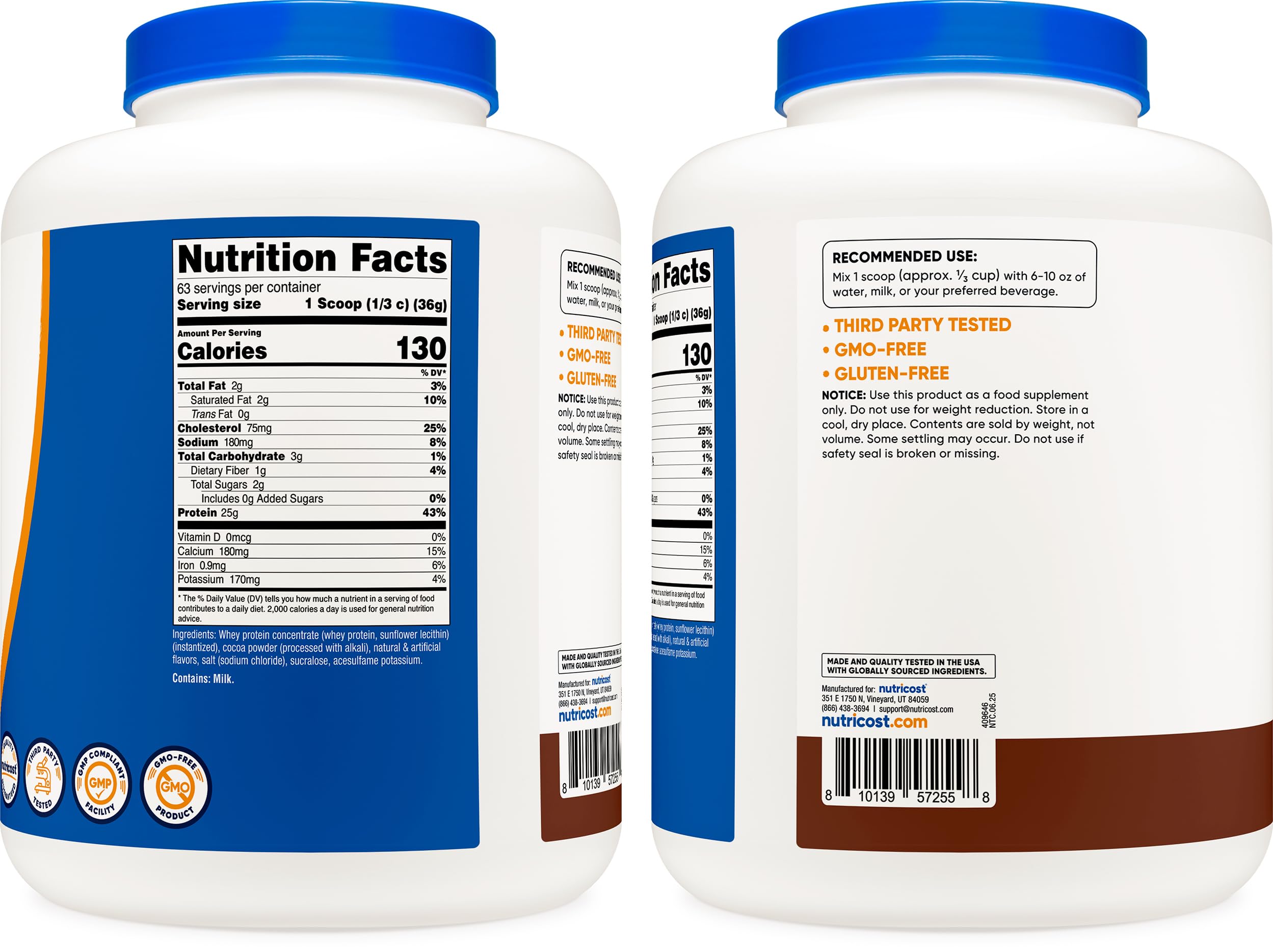 Nutricost chocolate protein powder on kitchen counter with glass of shake