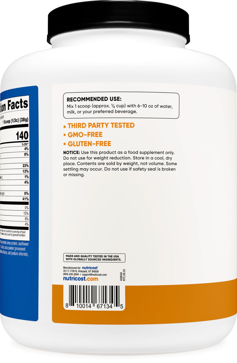 Nutricost protein powder bottle and label highlighting gluten free and non-GMO.