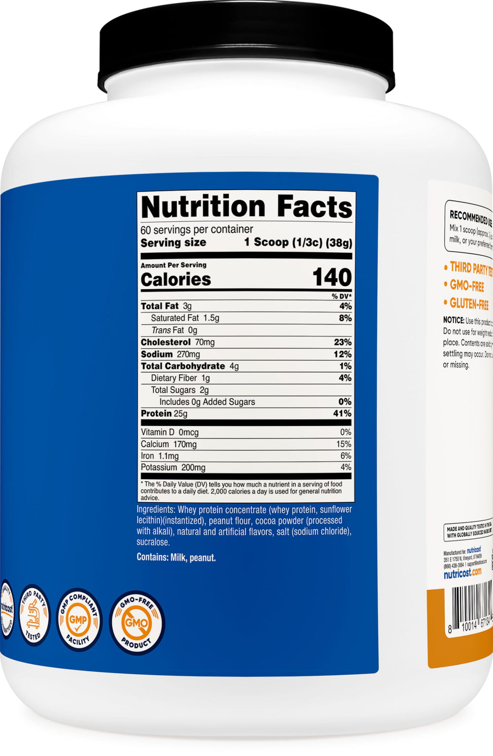 Nutricost bottle beside NSF GMP FDA badges signaling trusted production.