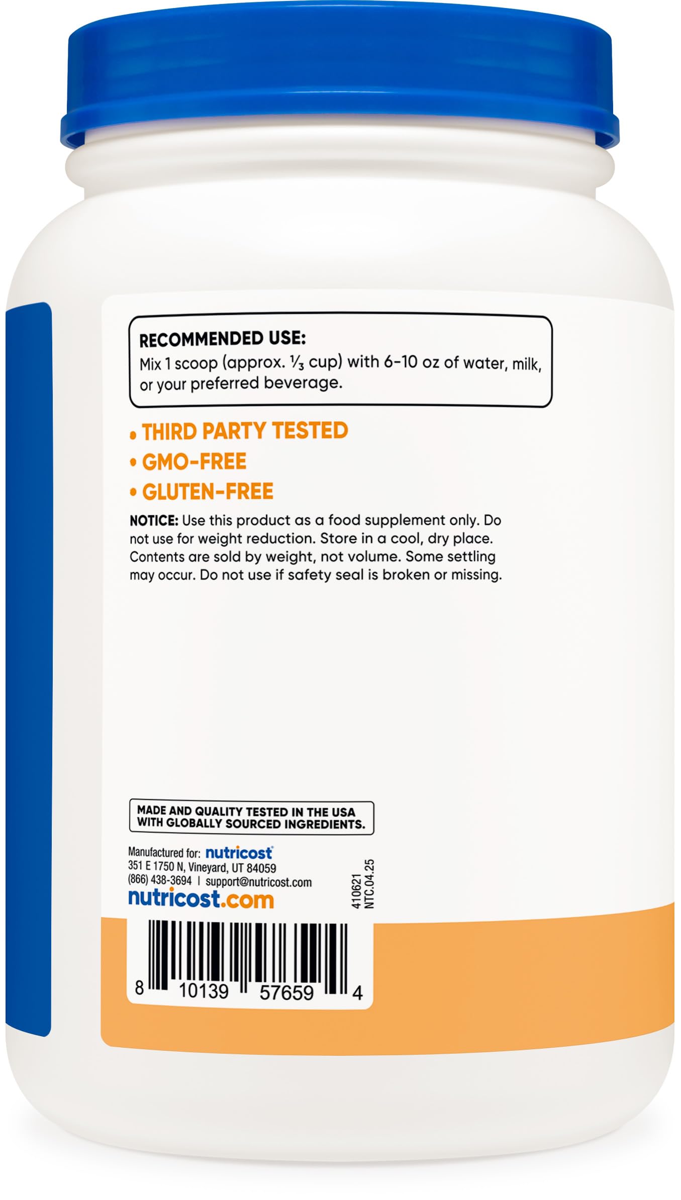 Nutricost Whey Protein Concentrate churro label close-up highlights NSF GMP quality