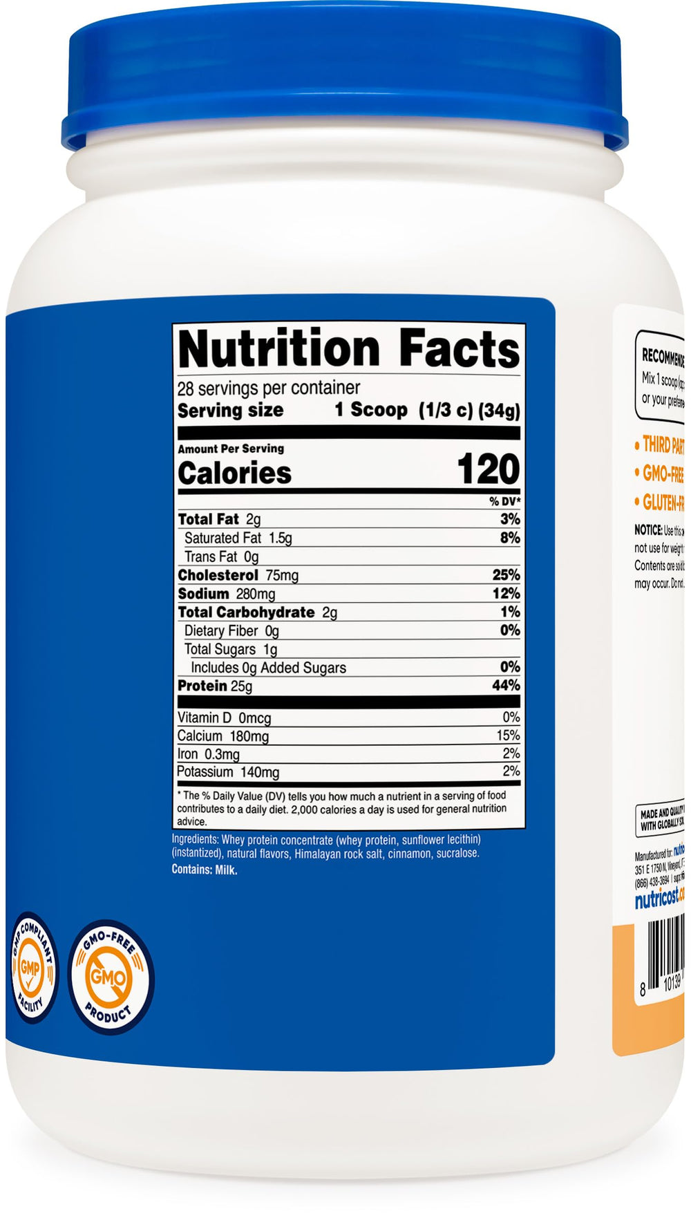 Nutricost Whey Protein Concentrate churro servings display 28 portions for a full month
