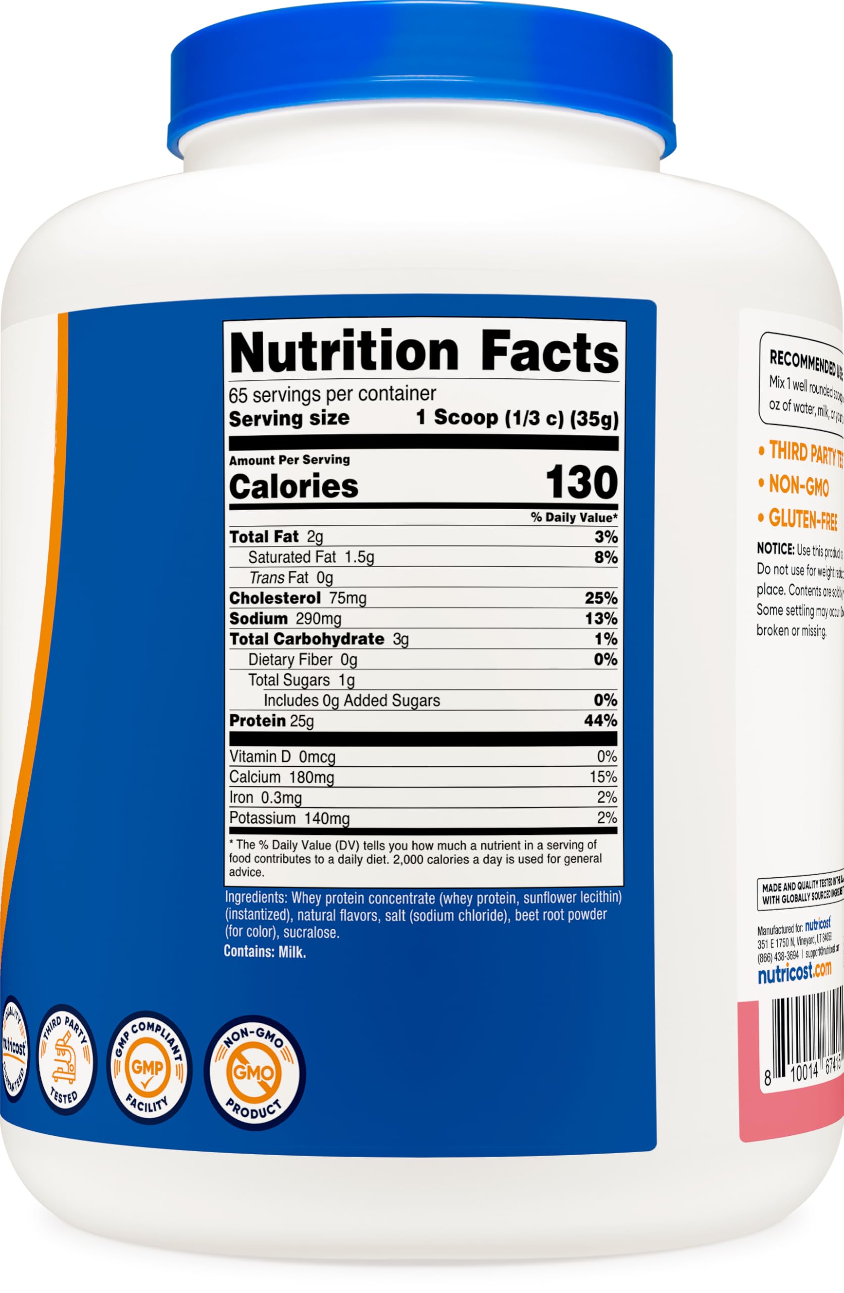 Nutricost label highlights NSF GMP FDA facilities ensuring quality.
