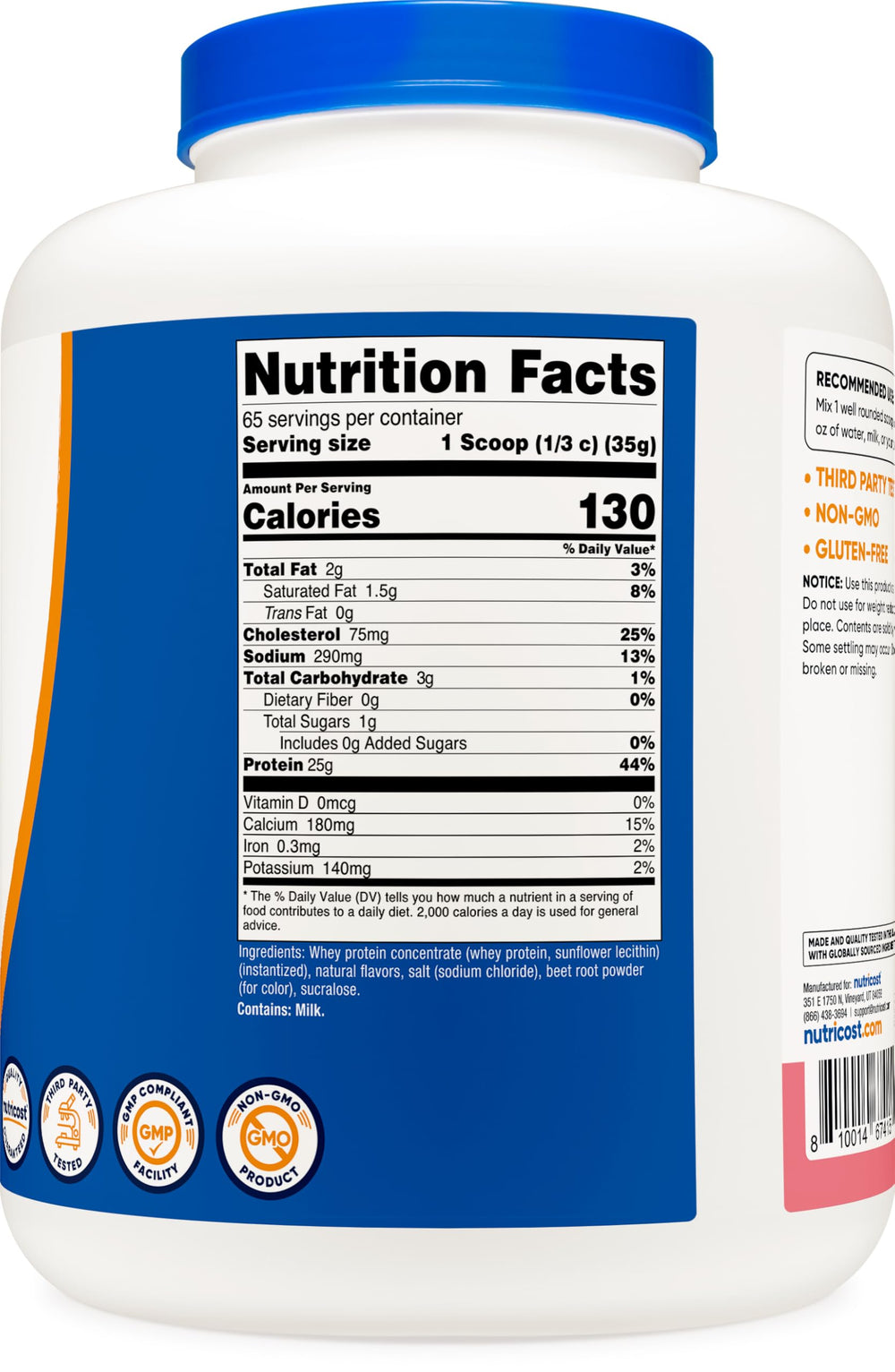 Nutricost label highlights NSF GMP FDA facilities ensuring quality.