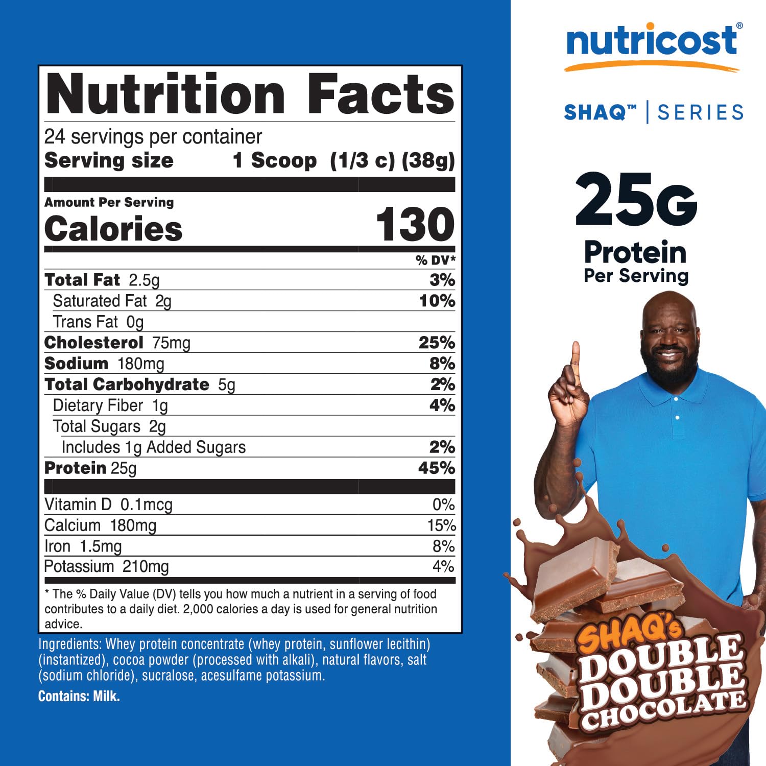 Nutricost Whey Protein Concentrate Powder Shaq flavor label showing GMO-free ingredients.