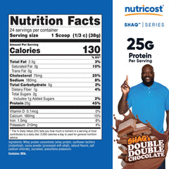 Nutricost Whey Protein Concentrate Powder Shaq flavor label showing GMO-free ingredients.