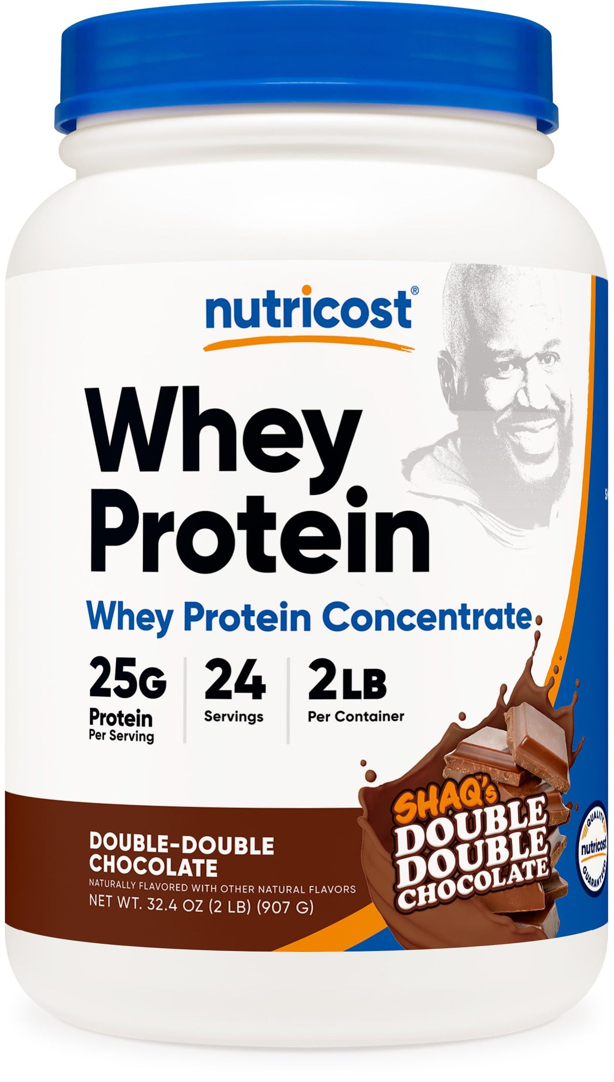 Nutricost Whey Protein Concentrate Powder Shaq's Double Double Chocolate bottle front view, great for post-workout shakes.