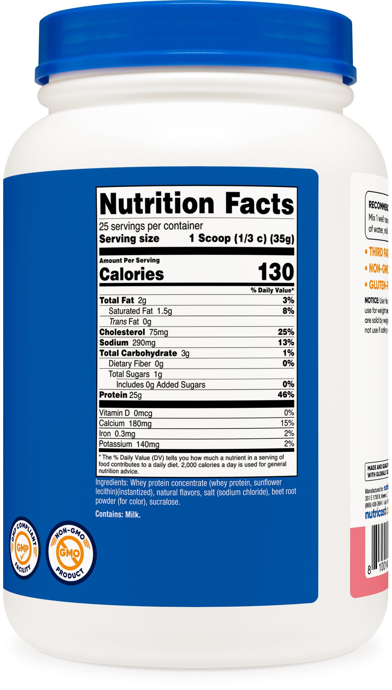 Nutricost nutrition facts panel emphasizes gluten-free and non-GMO.