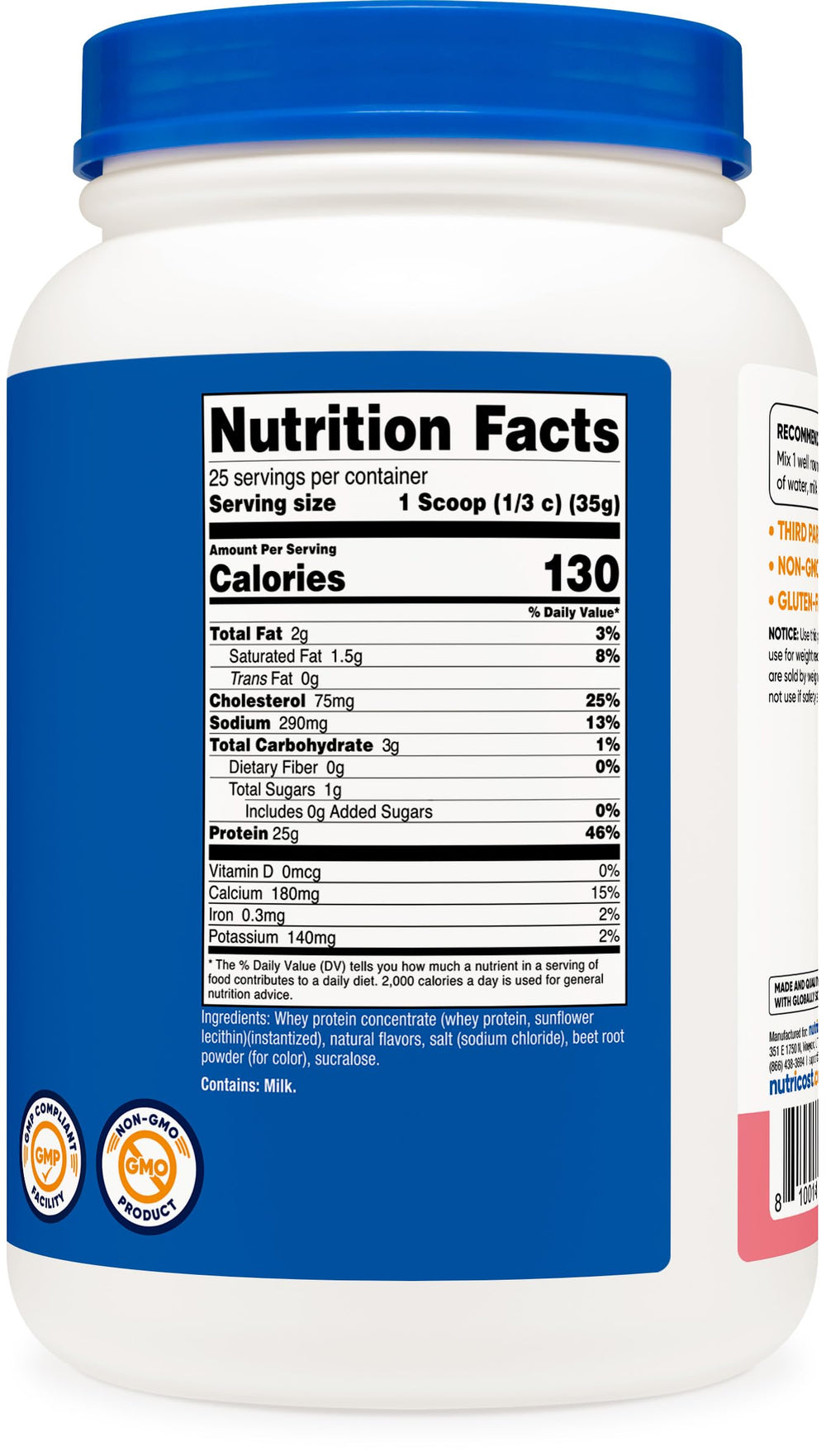Nutricost nutrition facts panel emphasizes gluten-free and non-GMO.