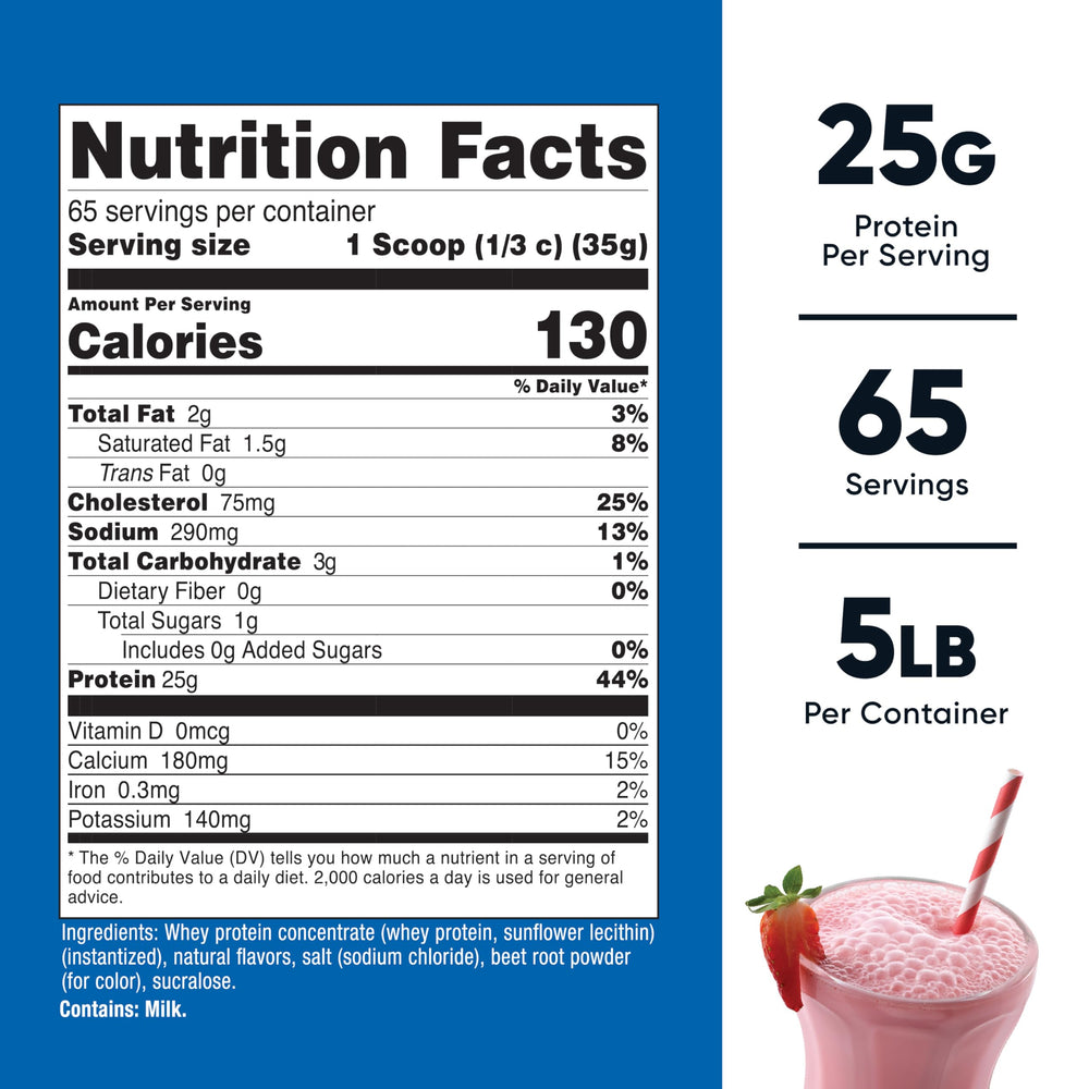 Nutricost Whey Protein Concentrate Strawberry Milkshake being poured for a delicious post workout boost.