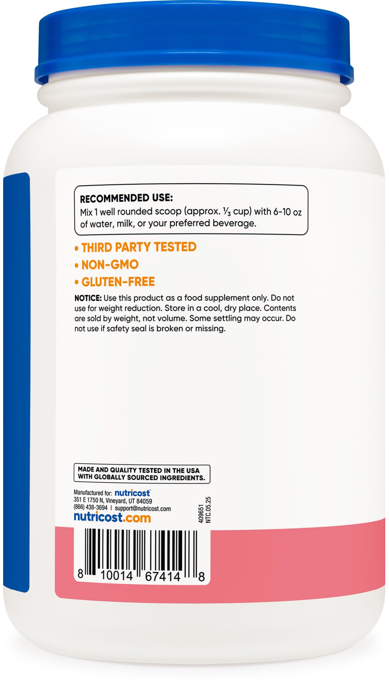 Nutricost shake in glass highlights creamy strawberry flavor.