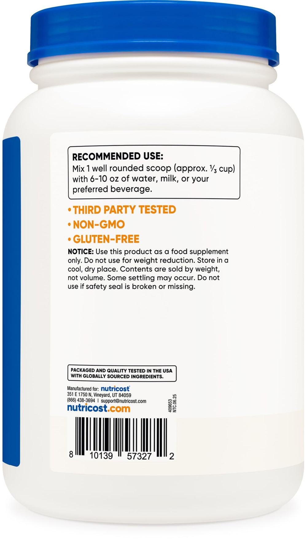 Nutrition facts panel close-up on Nutricost whey protein concentrate highlights protein content
