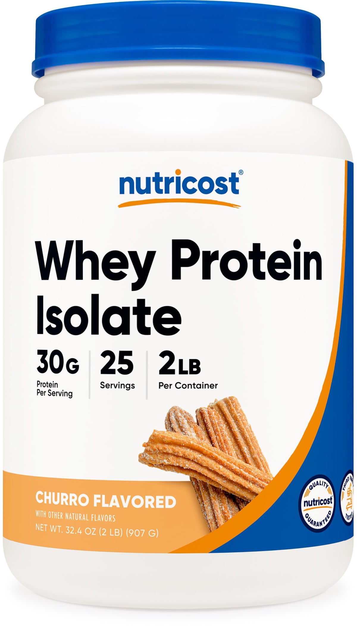 Nutricost Whey Protein Isolate Churro bottle with 30 g protein per serving for daily support