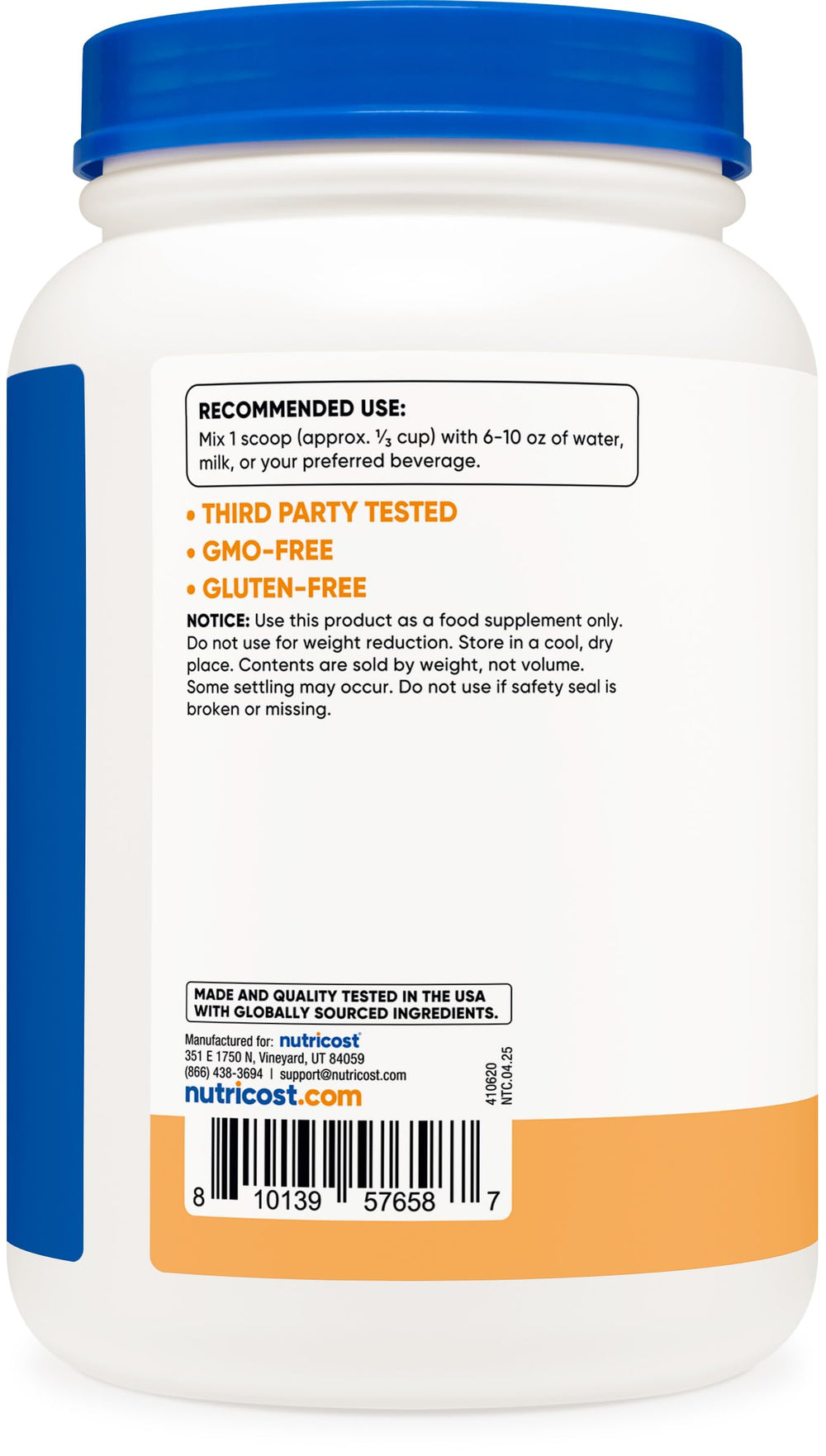 Nutricost Whey Protein Isolate Churro ingredients label highlighting gluten-free, GMO-free formula