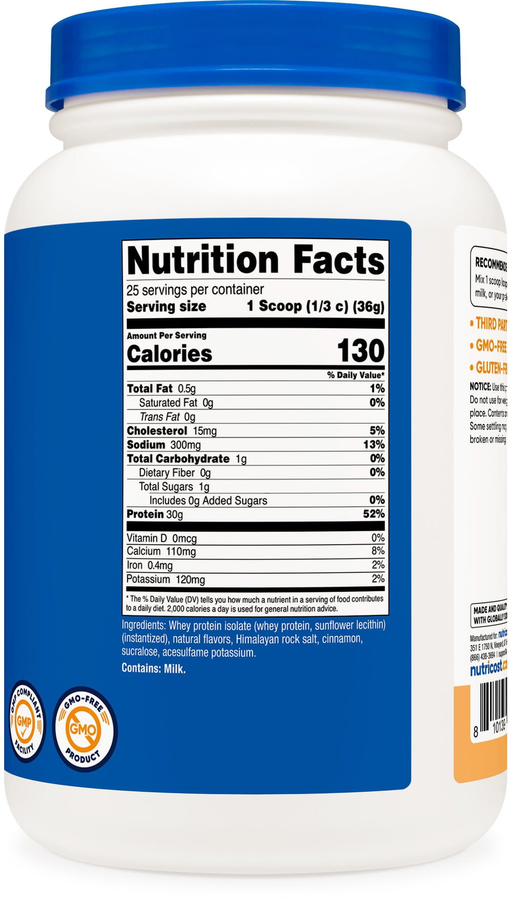 Nutricost Whey Protein Isolate Churro nutrition facts panel lists 25 servings