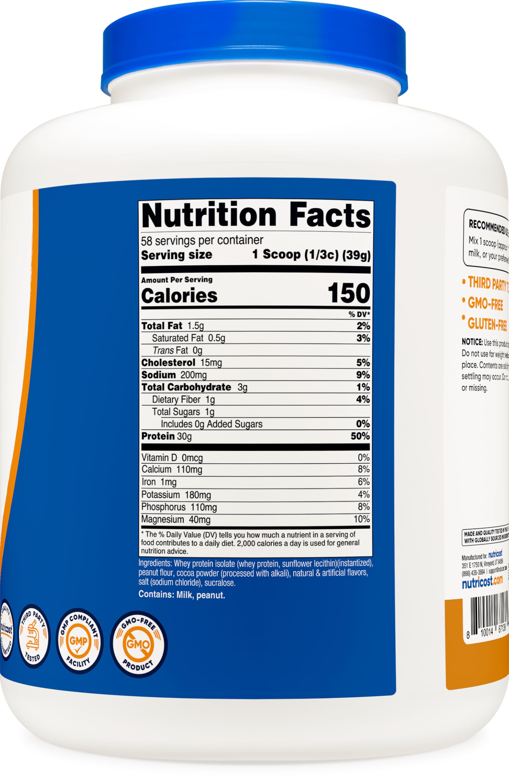 Nutricost serving-size scoop beside tub showing 30 g protein per serving.