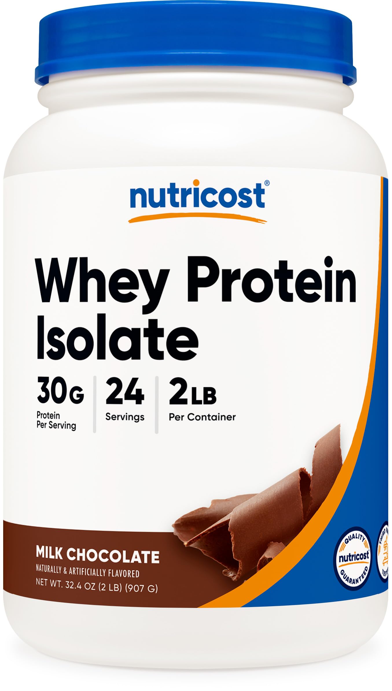 Nutricost whey protein isolate milk chocolate tub label with NSF certification and GMP quality.