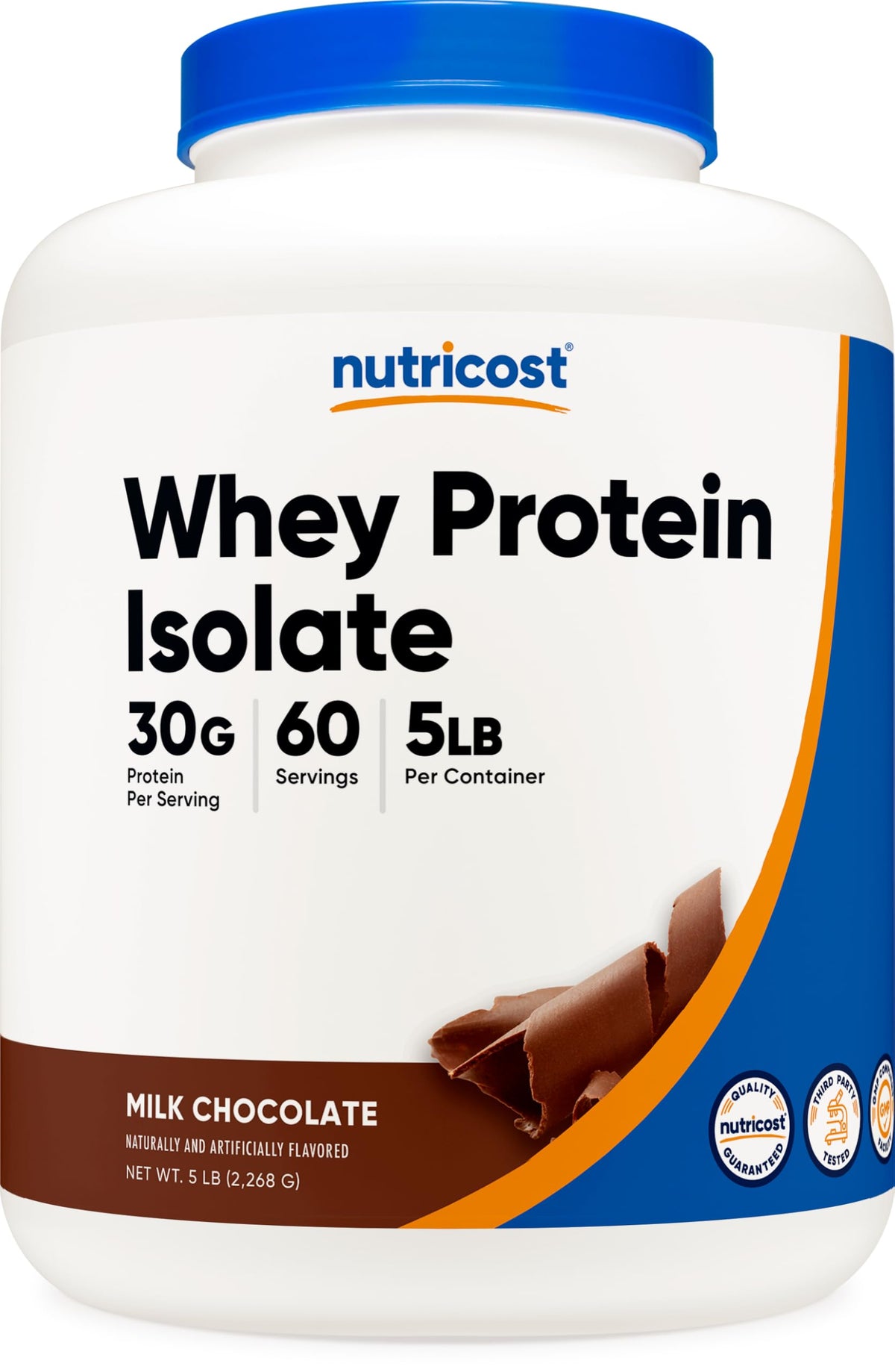 Nutricost Whey Protein Isolate Milk Chocolate tub front showcasing premium packaging and value.