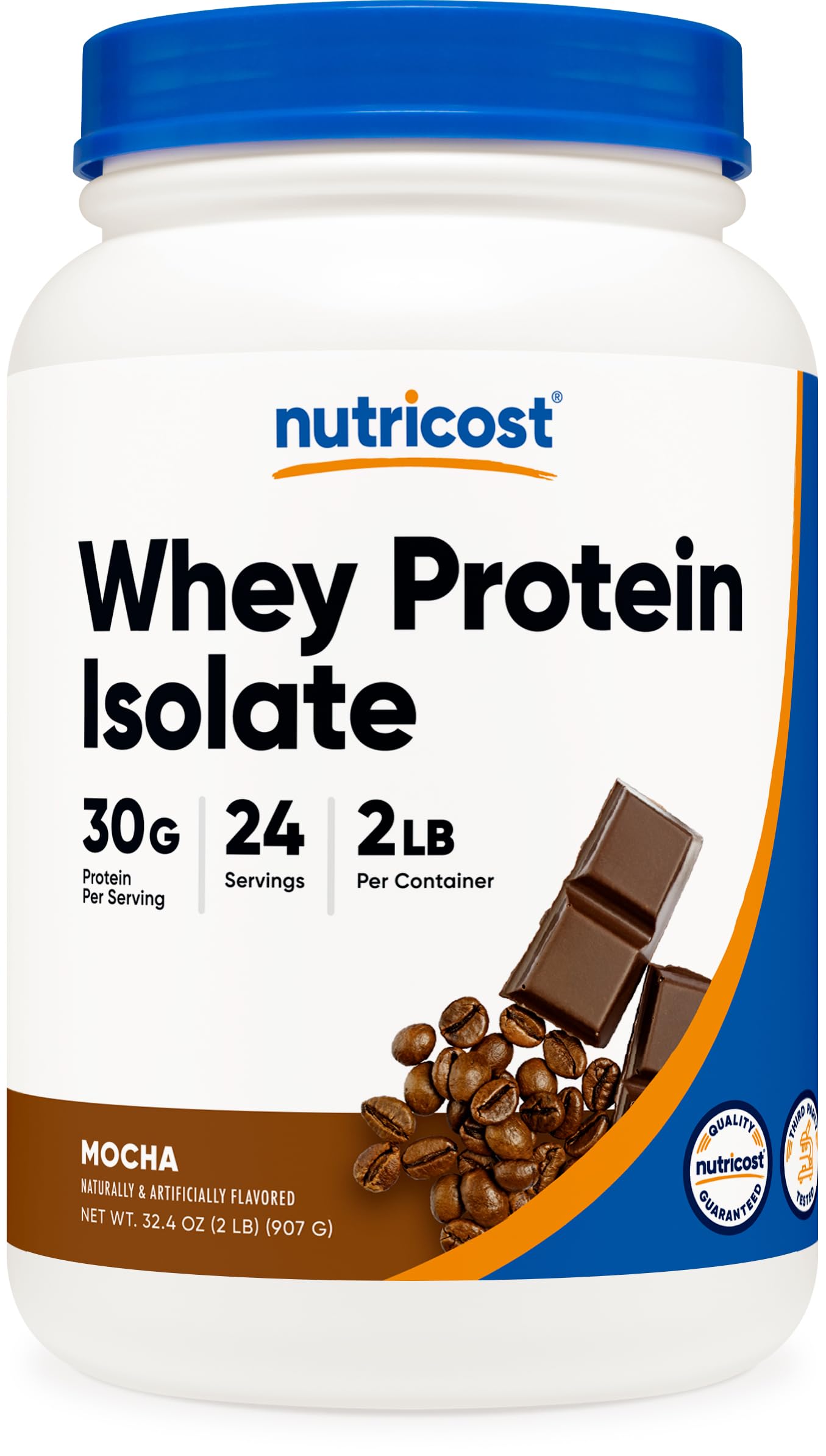 Nutricost Whey Protein Isolate Mocha bottle for quick protein on the go.
