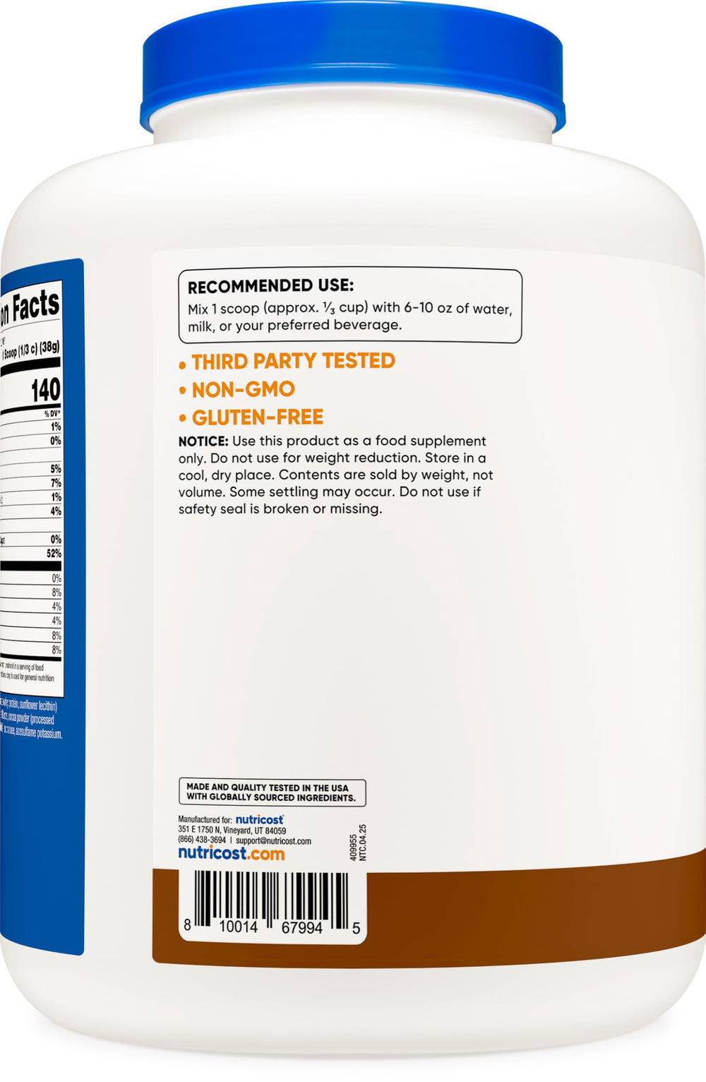 Nutricost Whey Protein Isolate Mocha label close-up with nutritional details.