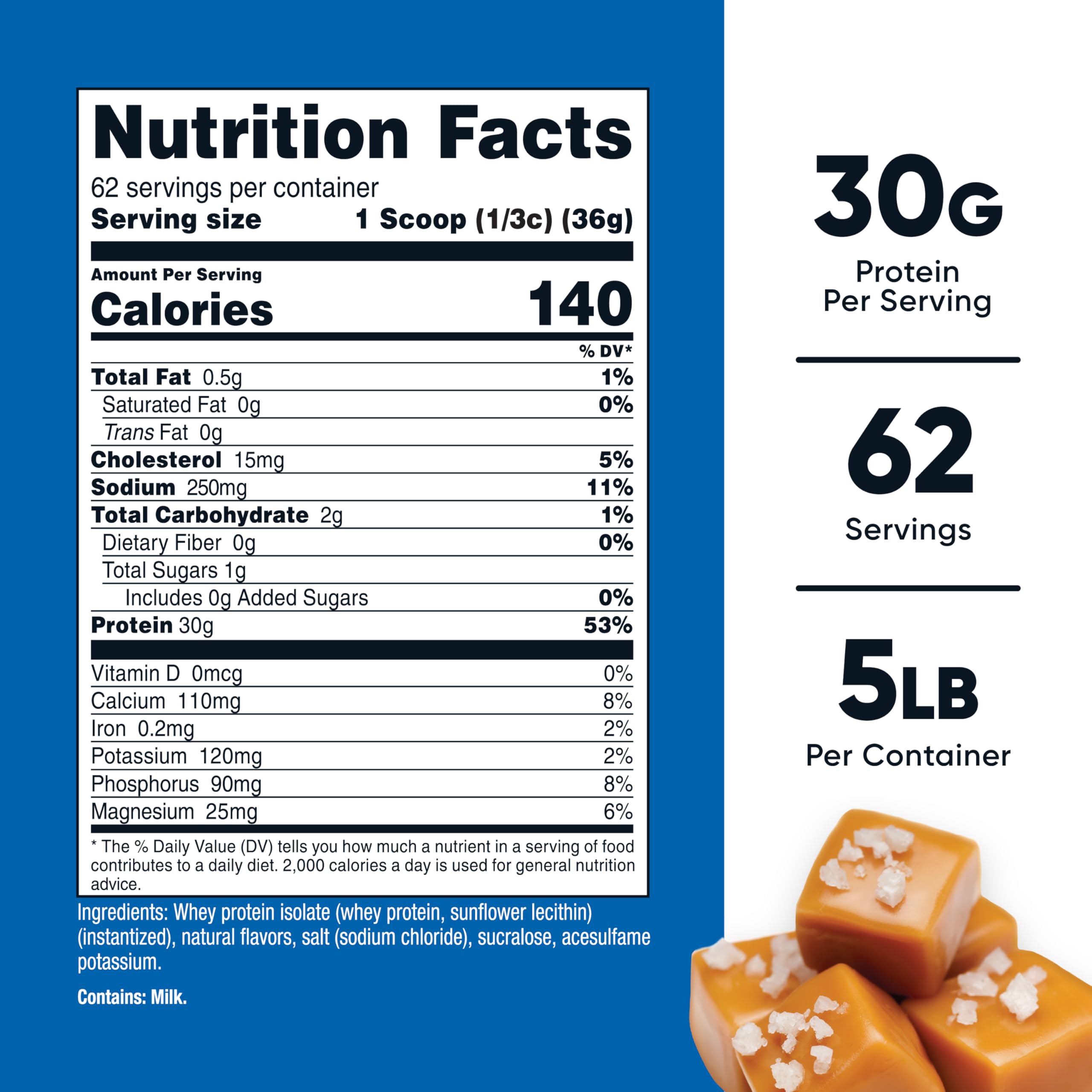 Nutricost Salted Caramel whey powder scoop shows 30 g protein per serving