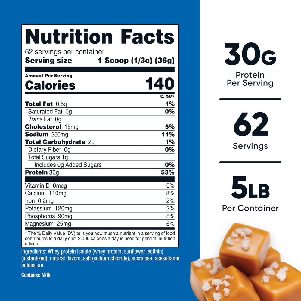 Nutricost Salted Caramel whey powder scoop shows 30 g protein per serving