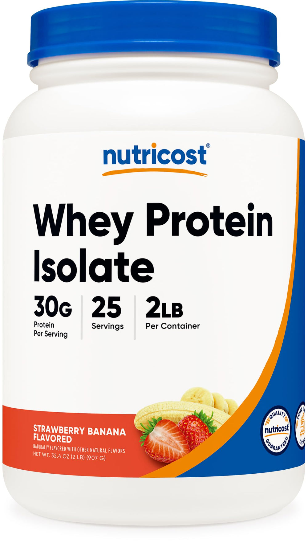 Nutricost Whey Protein Isolate Strawberry Banana 2lb front label showing 30 g protein per serving