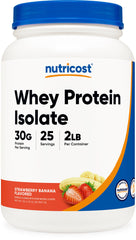 Nutricost Whey Protein Isolate Strawberry Banana 2lb front label showing 30 g protein per serving
