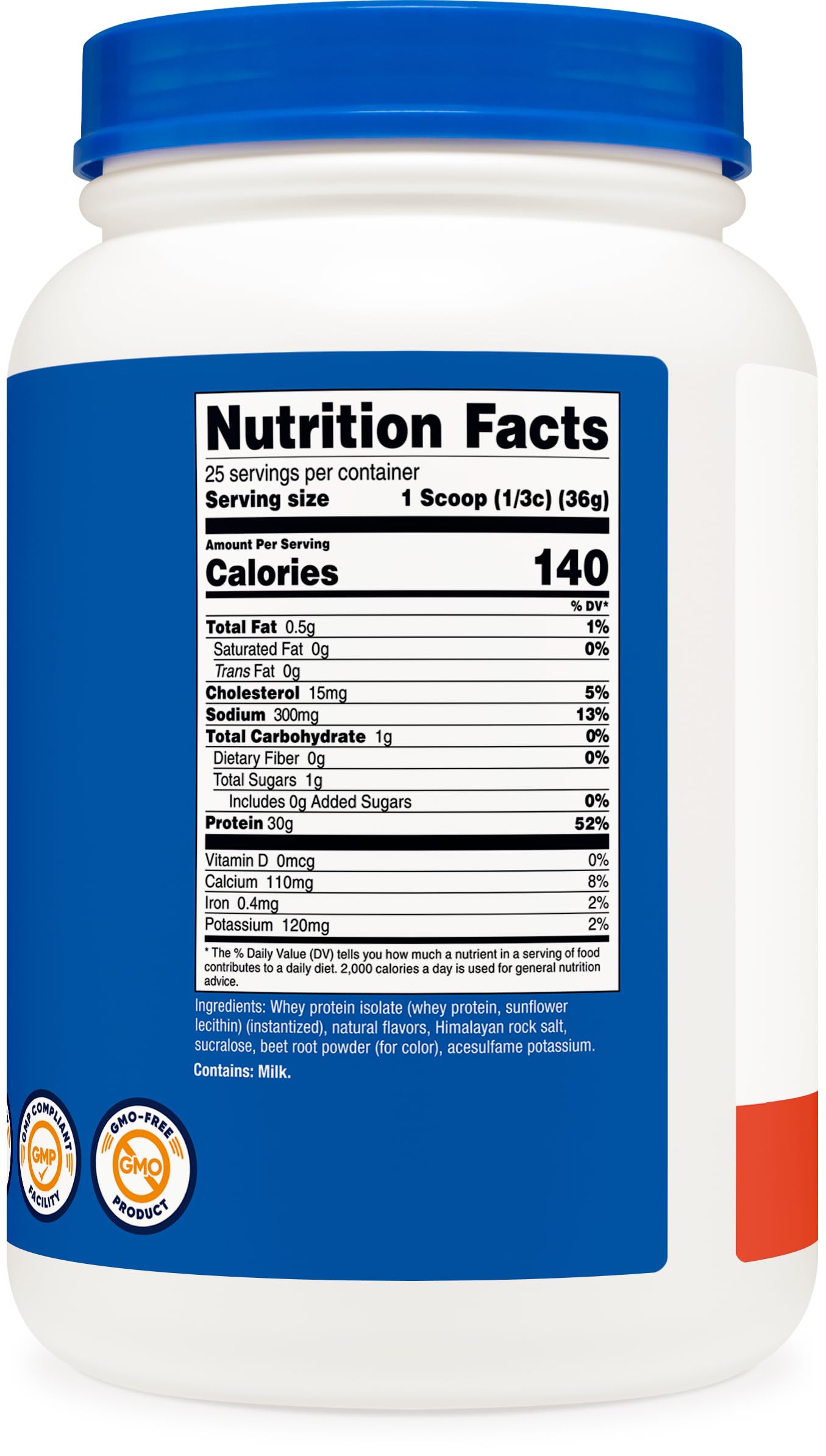 Nutricost Whey Protein Isolate Strawberry Banana 2lb GMO-free label on packaging