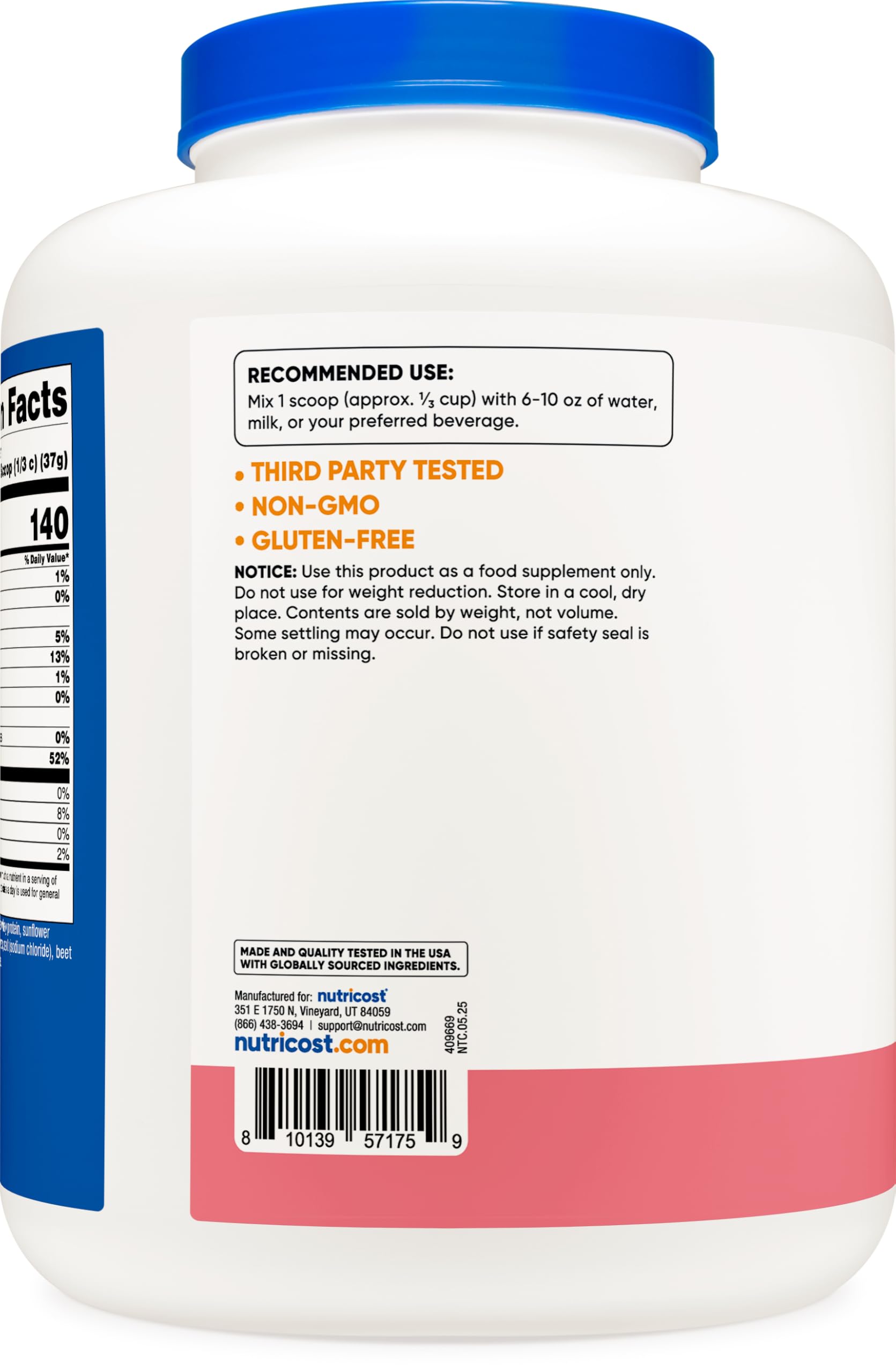 Nutricost tub nutrition label showing 30 g per serving.