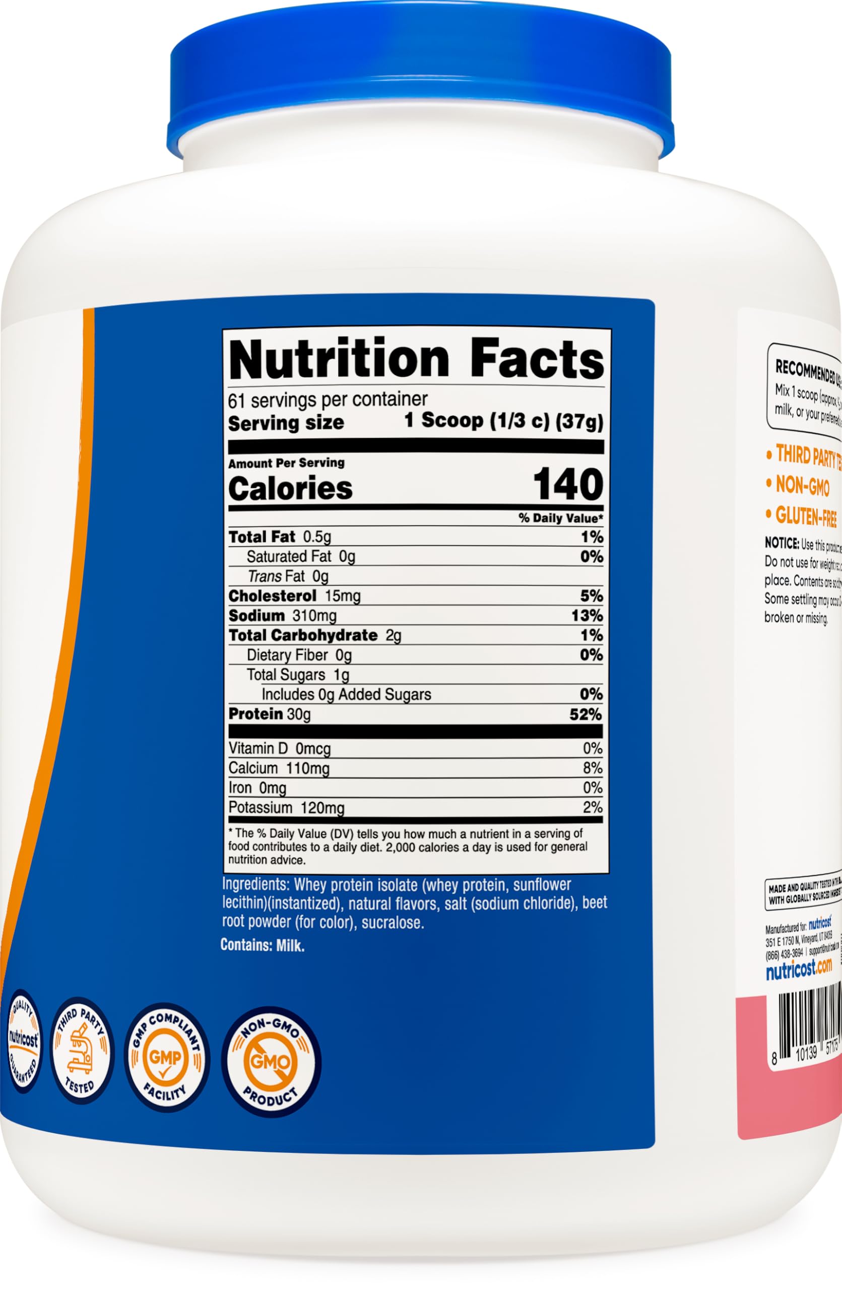Front of Nutricost tub highlighting gluten-free and non-GMO claims.