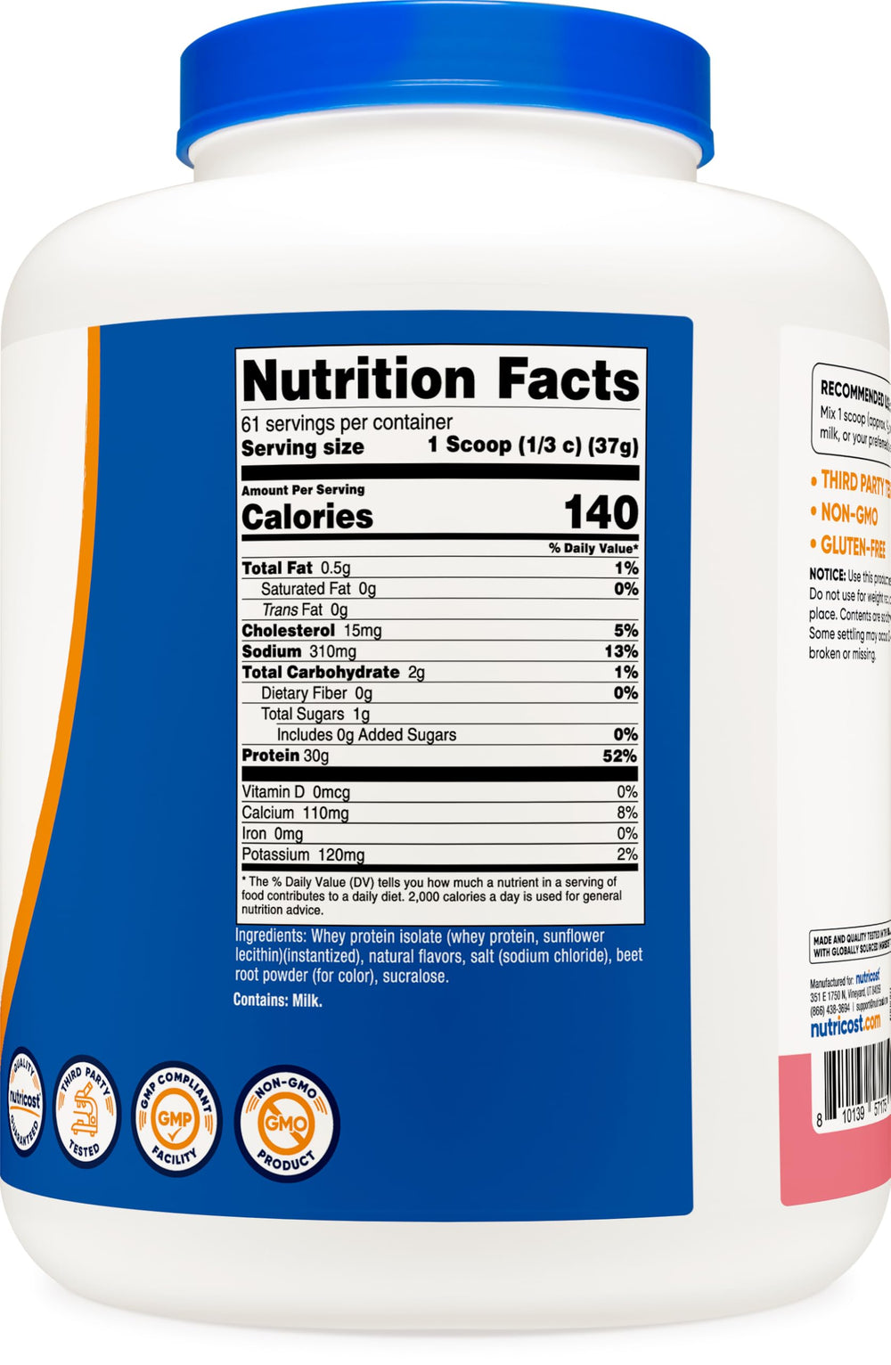Front of Nutricost tub highlighting gluten-free and non-GMO claims.