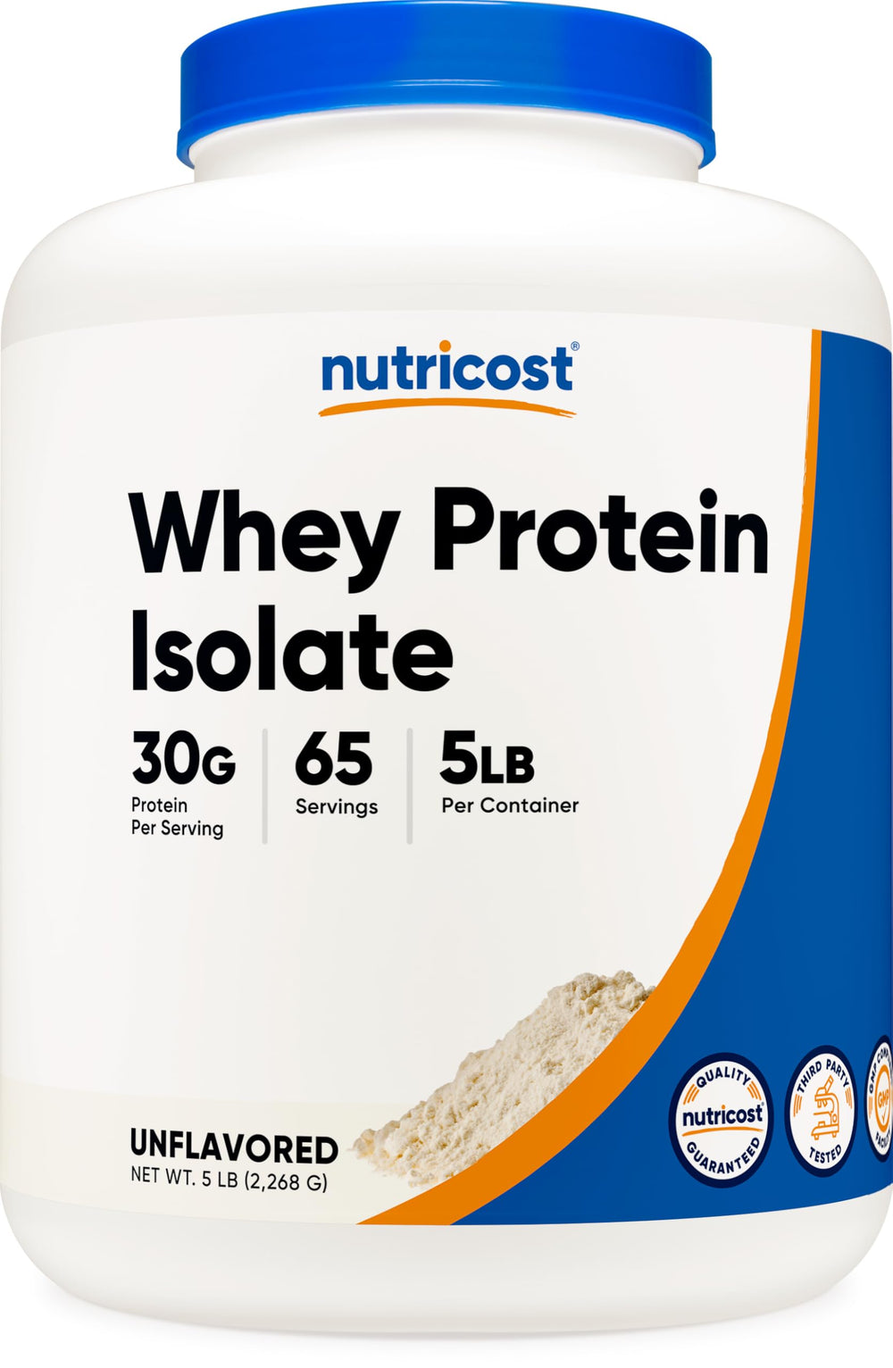 Nutricost Whey Protein Isolate unflavored 5lb bottle pour for post-workout fueling.
