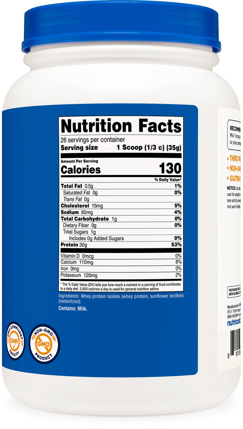 Nutricost Whey Protein Isolate unflavored tub on kitchen counter with measuring scoop.