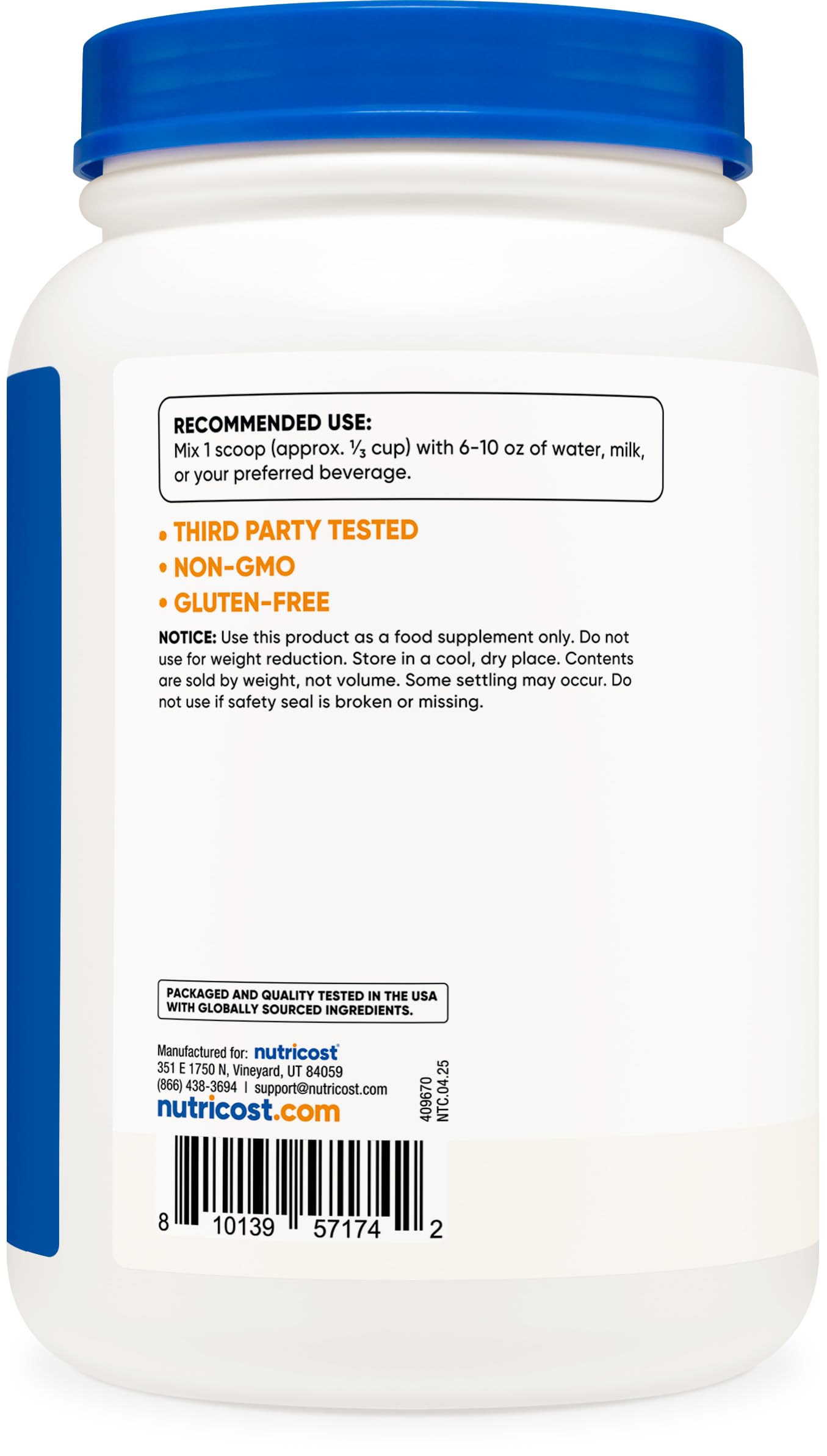 Nutricost Whey Protein Isolate unflavored label close-up highlights GMP and FDA compliance.