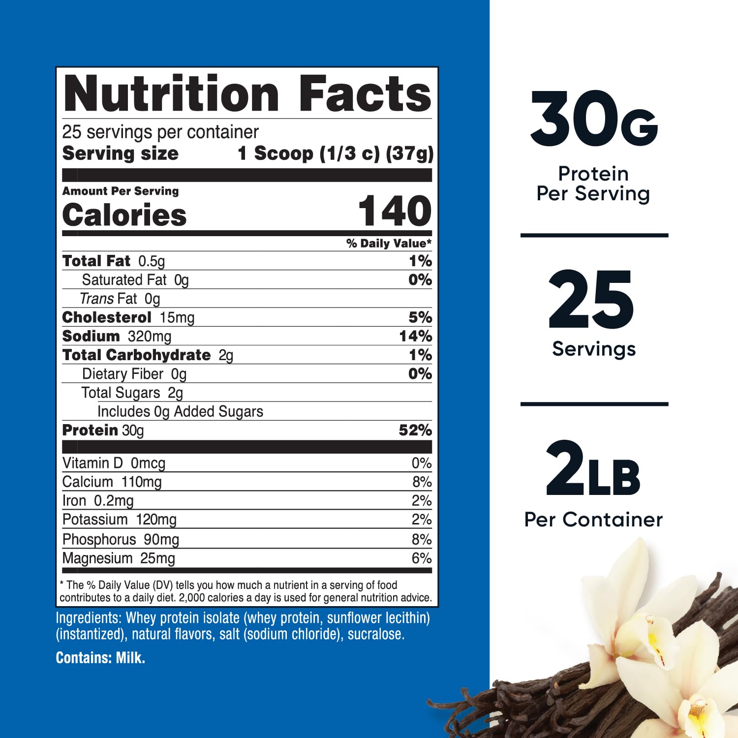 Nutricost Whey Protein Isolate Vanilla label close-up emphasizing undenatured, non-GMO formula