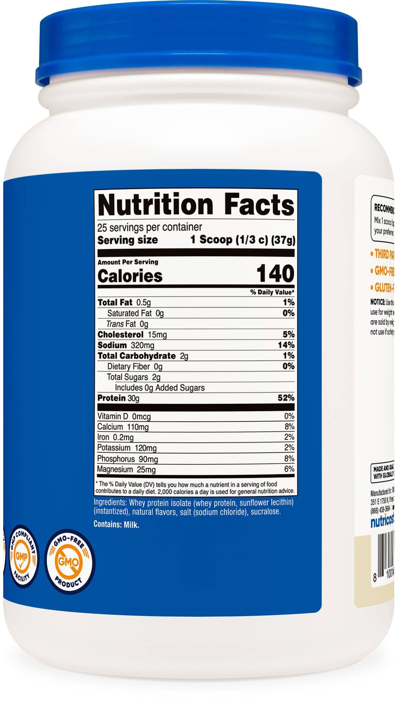 Nutricost Whey Protein Isolate Vanilla sealed tub signaling freshness
