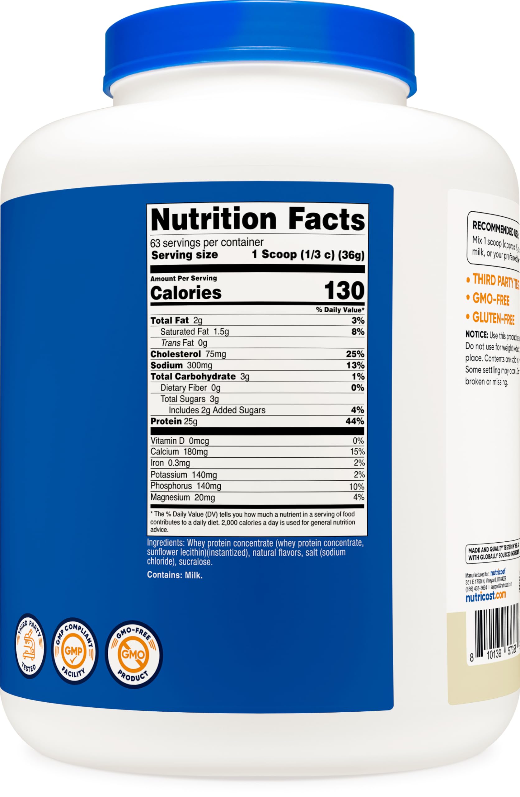 Nutricost tub showing nutrition panel and quality certifications