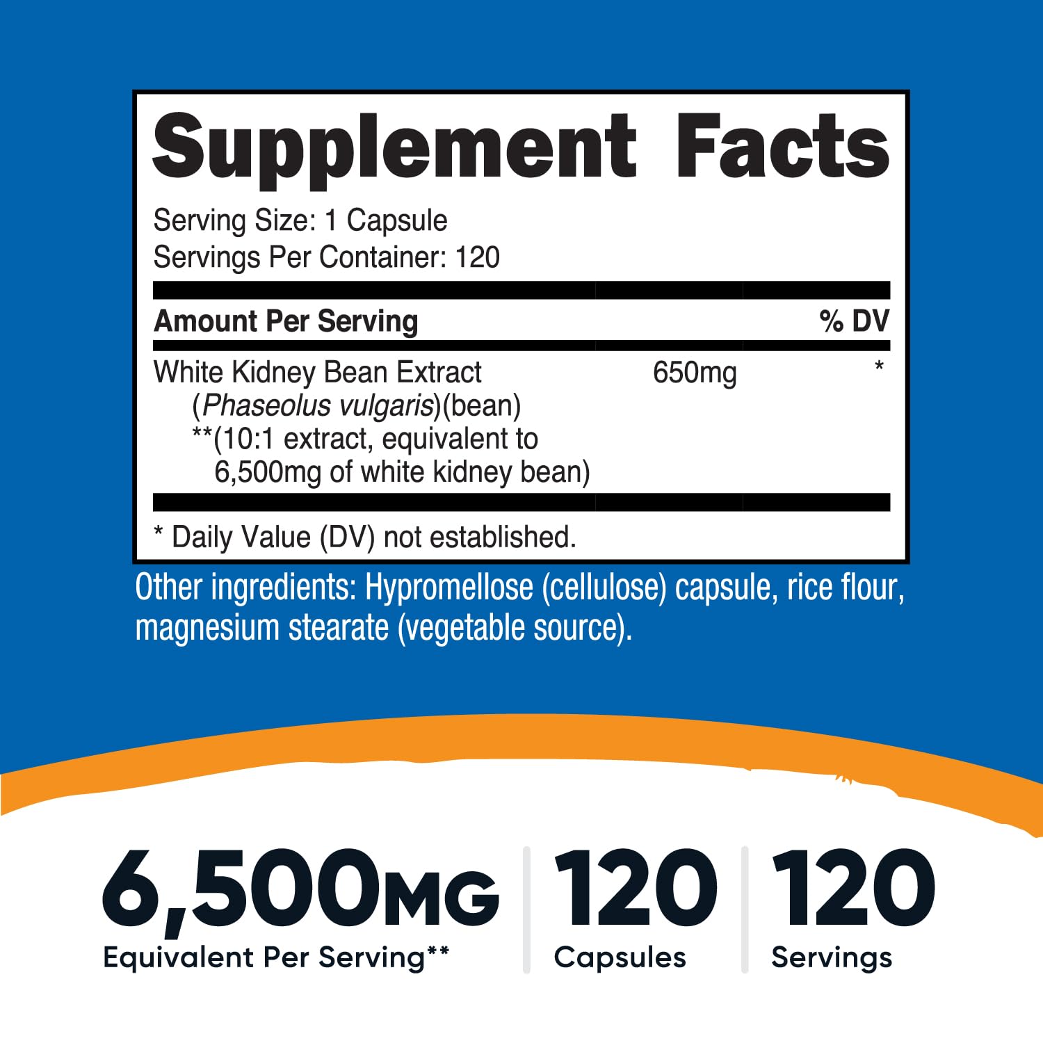 Nutricost white kidney bean capsules closeup, 650 mg extract per serving for easy dosing