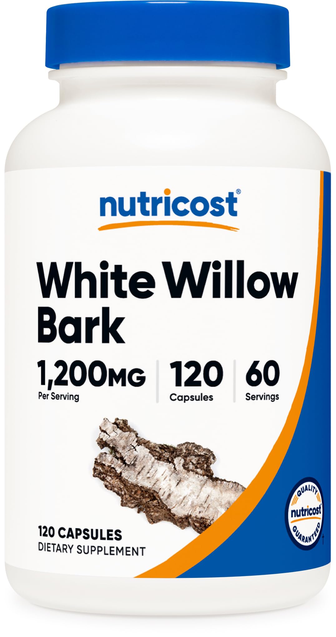 Nutricost White Willow Bark Capsules bottle with label, vegan-friendly daily supplement.