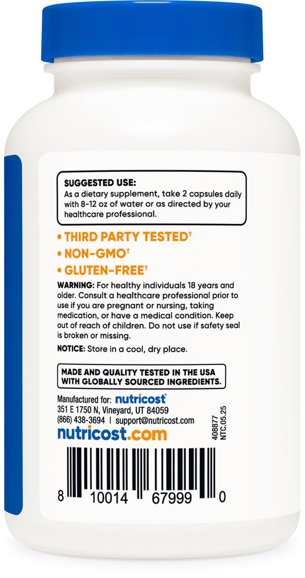 Packaging inside view highlights GMP-compliant quality and vegan ingredients.