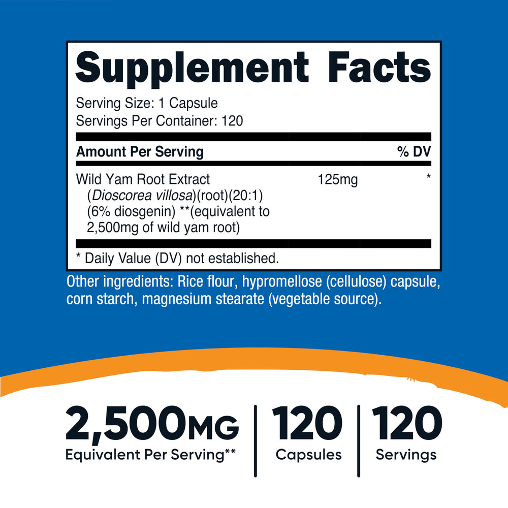 Nutricost Wild Yam Root capsules, vegan-friendly formula for gluten-free daily use.