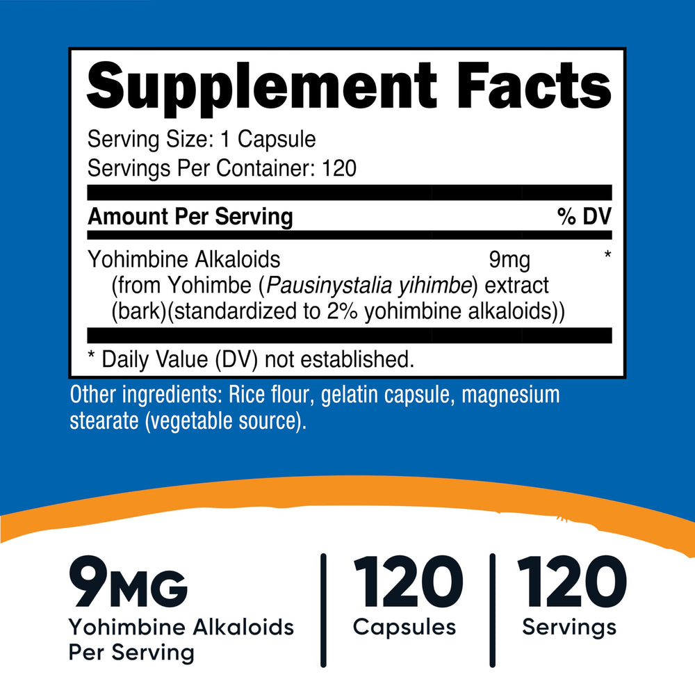 Nutricost Yohimbe capsules close-up showing 450 mg size.
