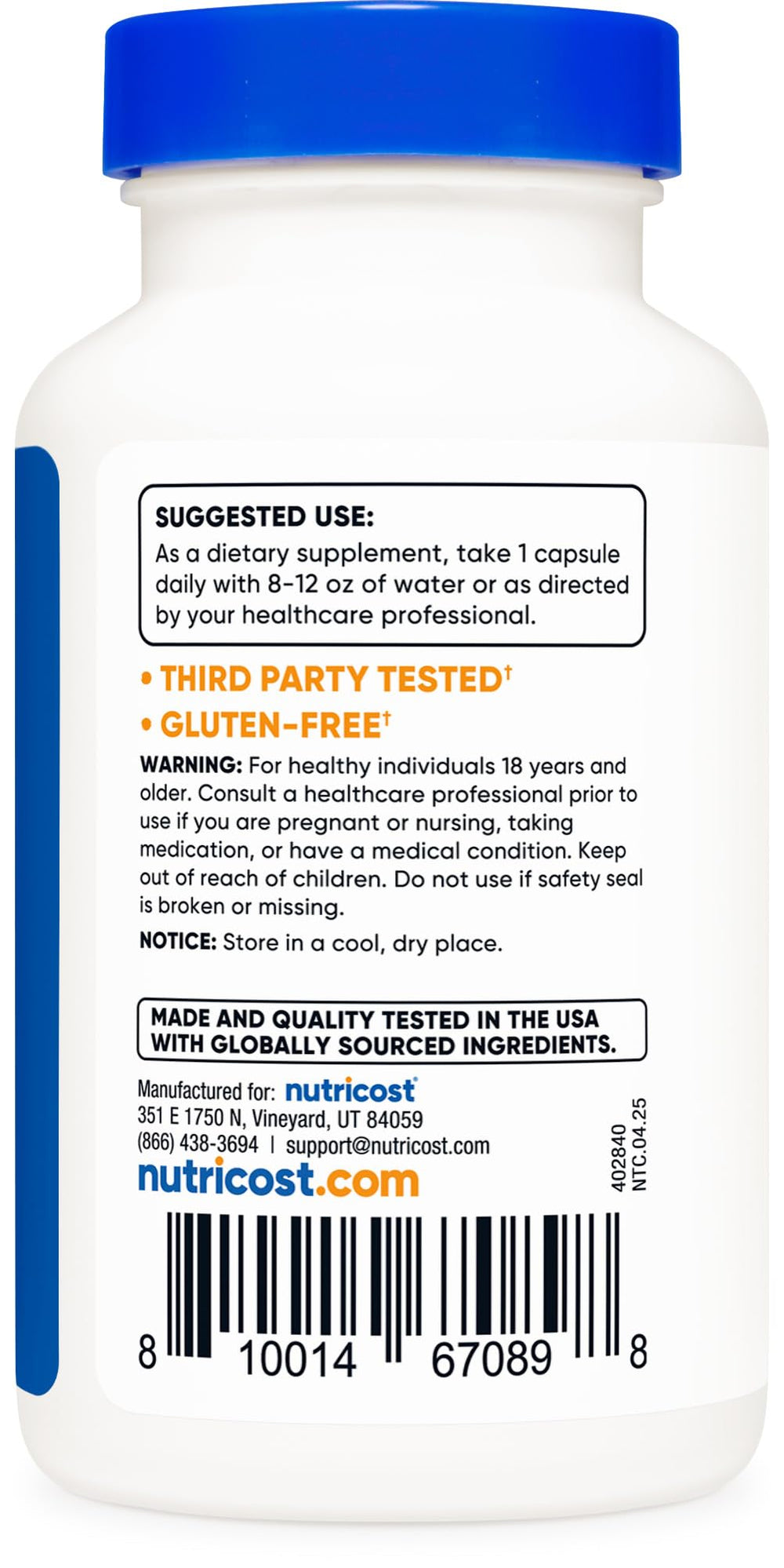 Nutricost packaging displays gluten-free badge for allergen-friendly formulation.