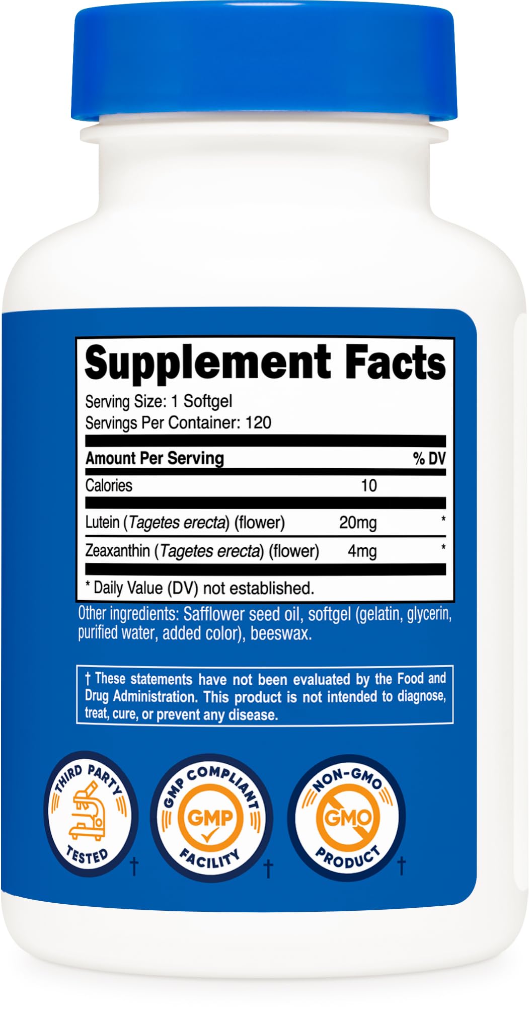Ingredients panel on Nutricost Zeaxanthin with Lutein bottle highlights key nutrients