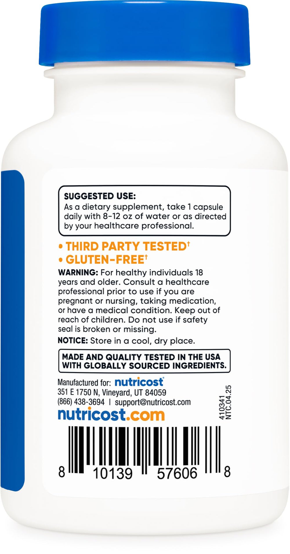 Nutricost zinc bisglycinate NSF GMP facility badge indicating quality manufacturing.